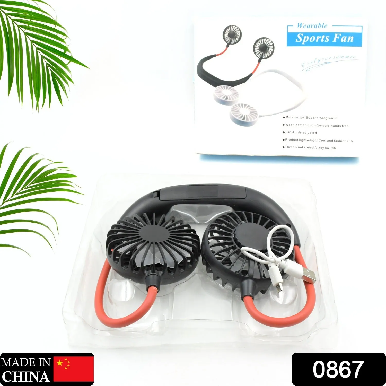 0867 Hand Free Personal Fan - Portable USB Battery Rechargeable With Battery Comaprtment Mini Fan - Headphone Design Wearable Neckband Fan Necklance Fan Cooler Fan for Home, Sport, Camping, Beach, Travel, Office (Battery Not Included)