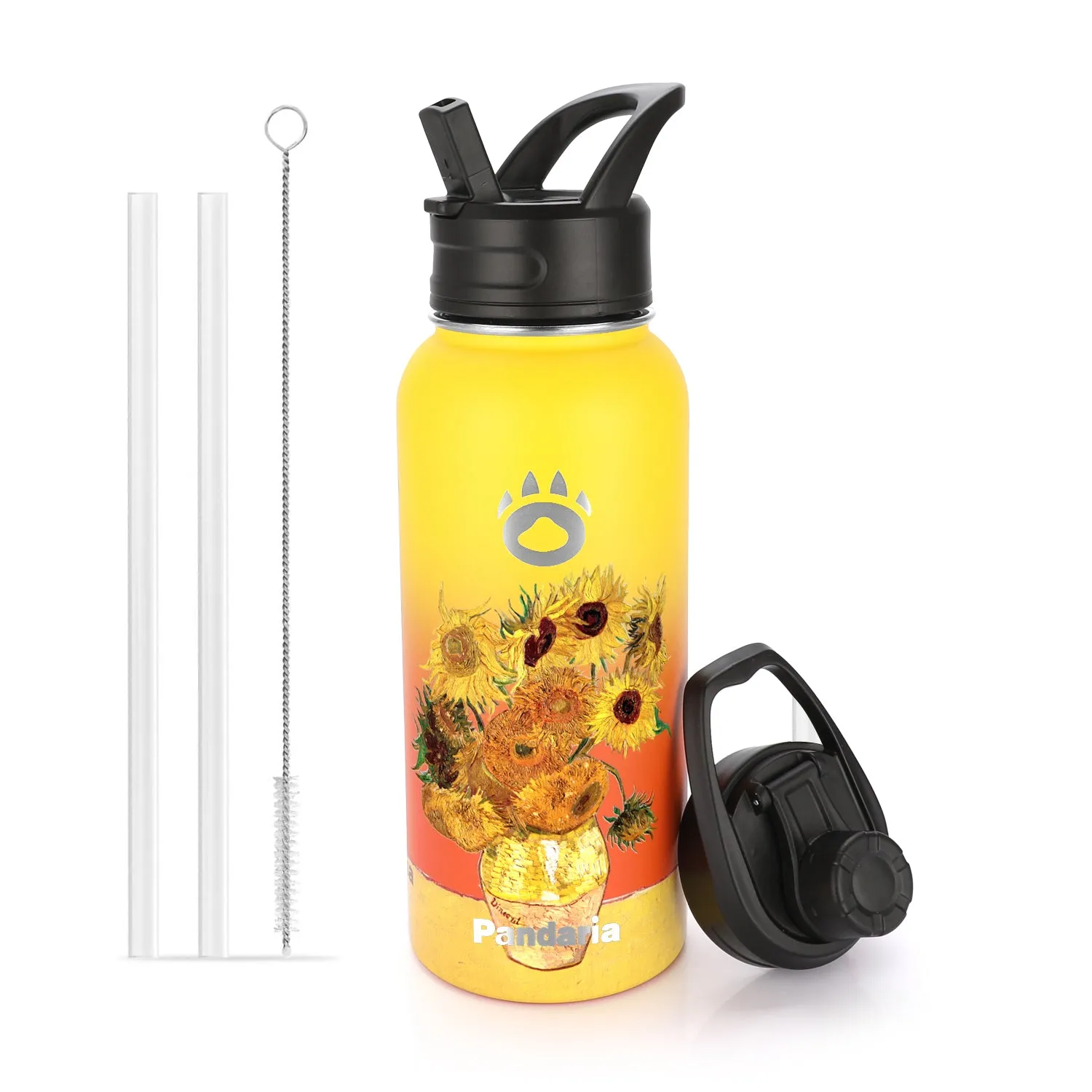 32oz Vacuum Insualed Water Bottle Stainless Steel Sports Canteen with Lids and Straws, Sunflowers