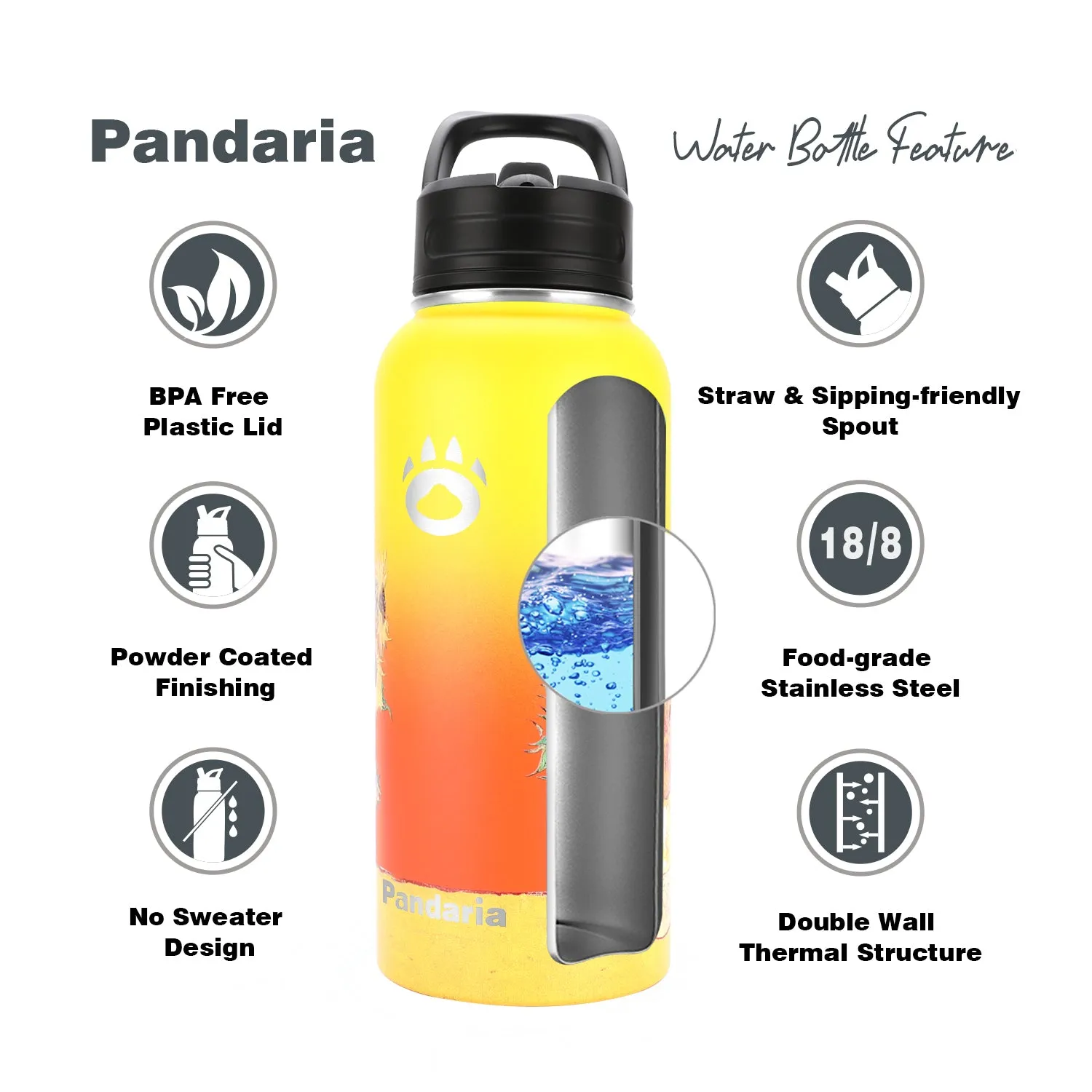 32oz Vacuum Insualed Water Bottle Stainless Steel Sports Canteen with Lids and Straws, Sunflowers