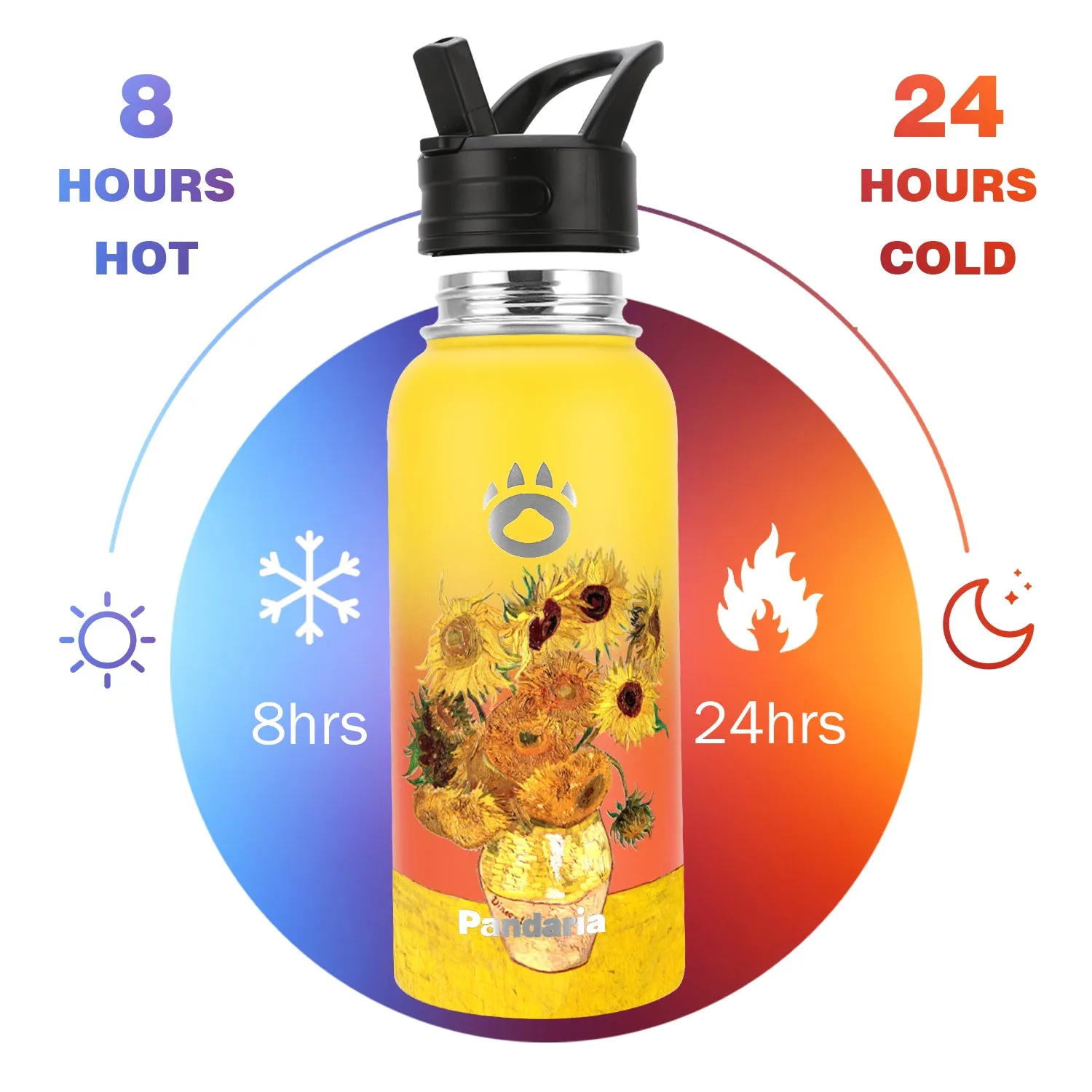 32oz Vacuum Insualed Water Bottle Stainless Steel Sports Canteen with Lids and Straws, Sunflowers