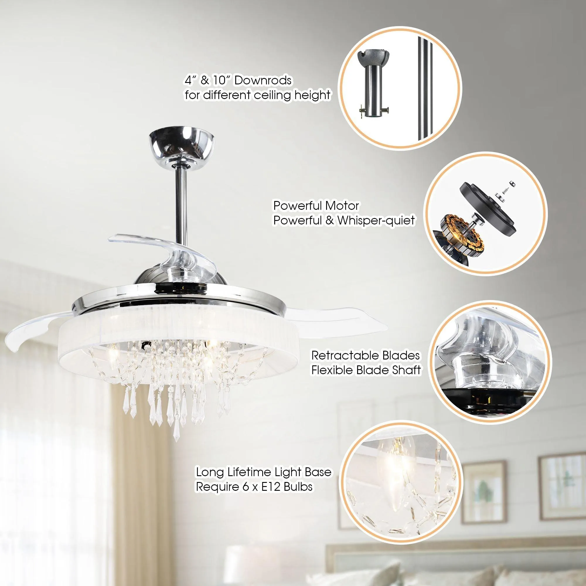 42" Modern Chrome Downrod Mount Crystal Ceiling Fan with Lighting and Remote Control