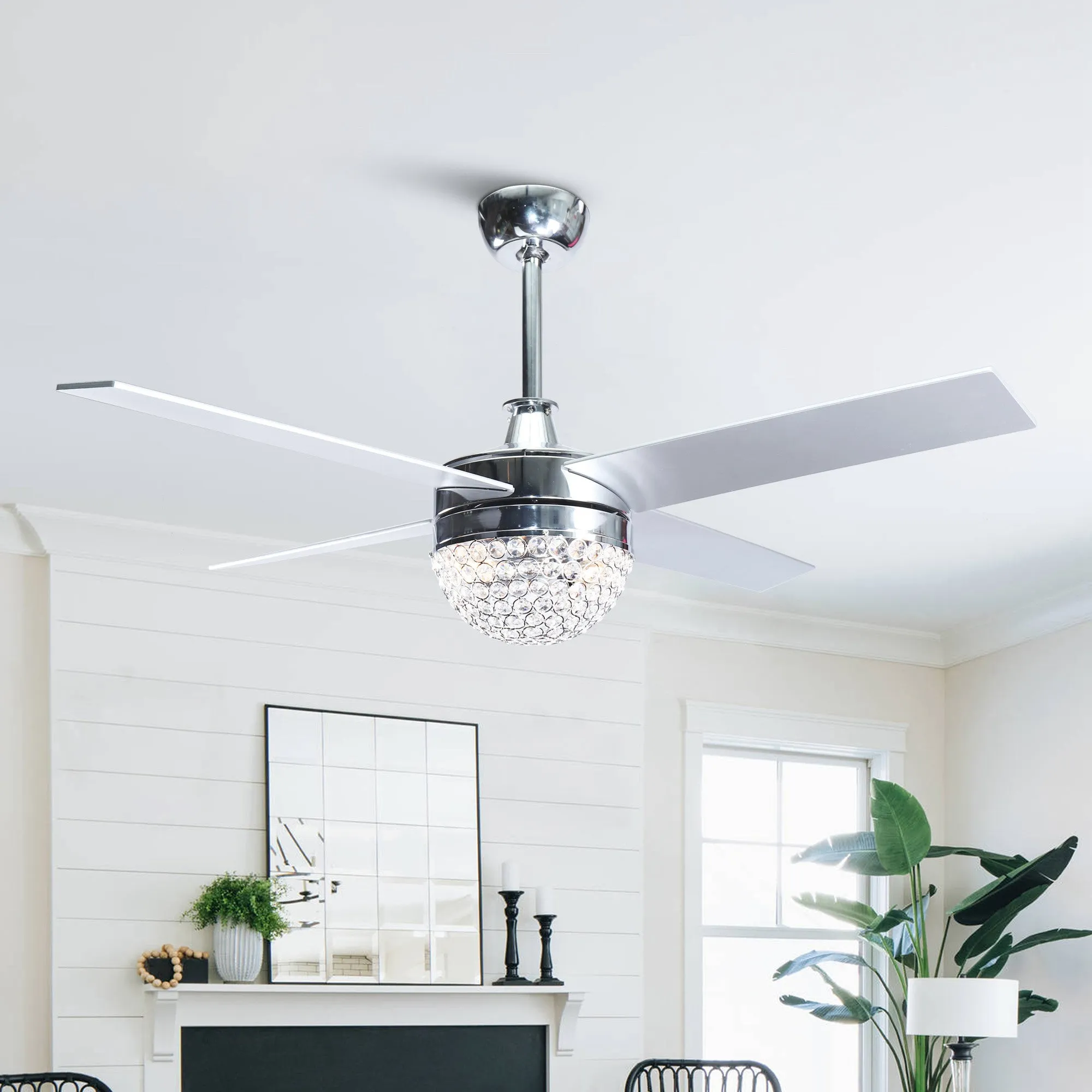 48" Dreyer Modern Chrome Downrod Mount Reversible Crystal Ceiling Fan with Lighting and Remote Control