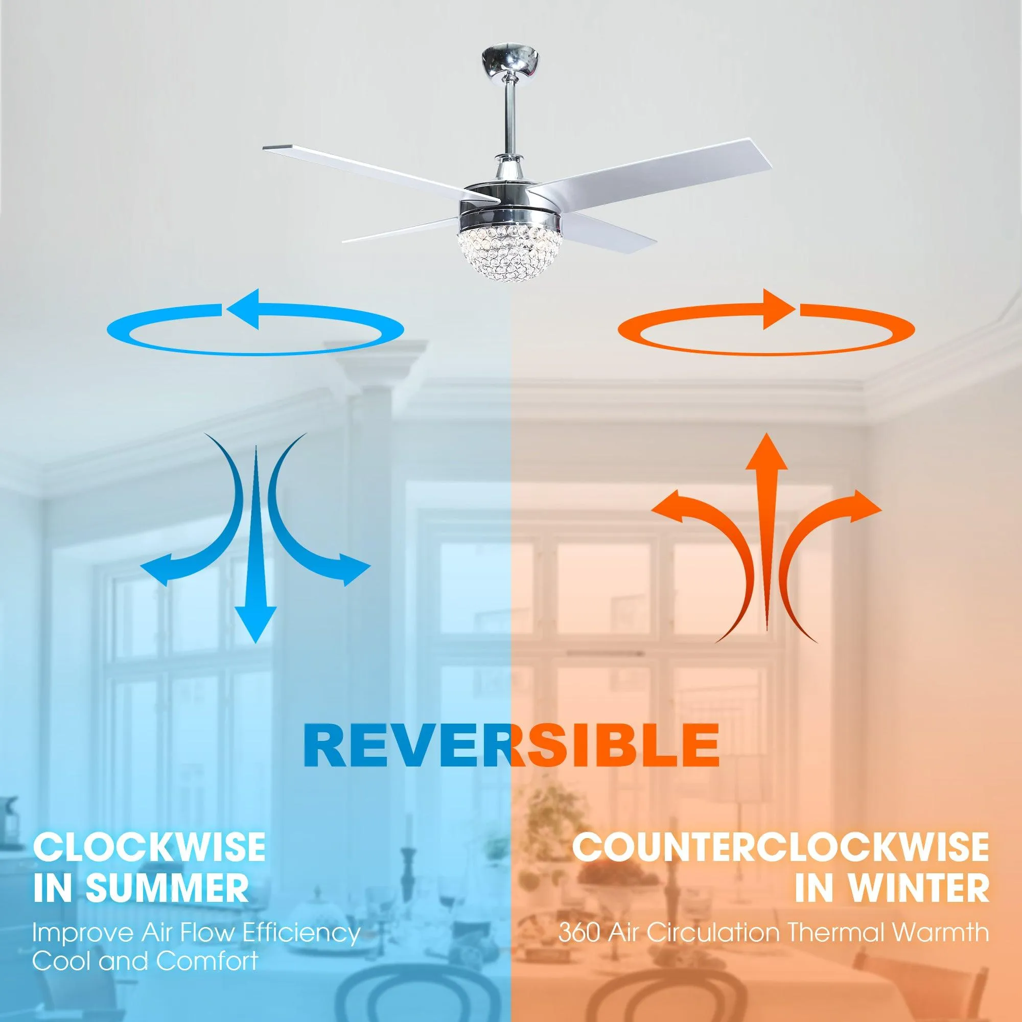 48" Dreyer Modern Chrome Downrod Mount Reversible Crystal Ceiling Fan with Lighting and Remote Control