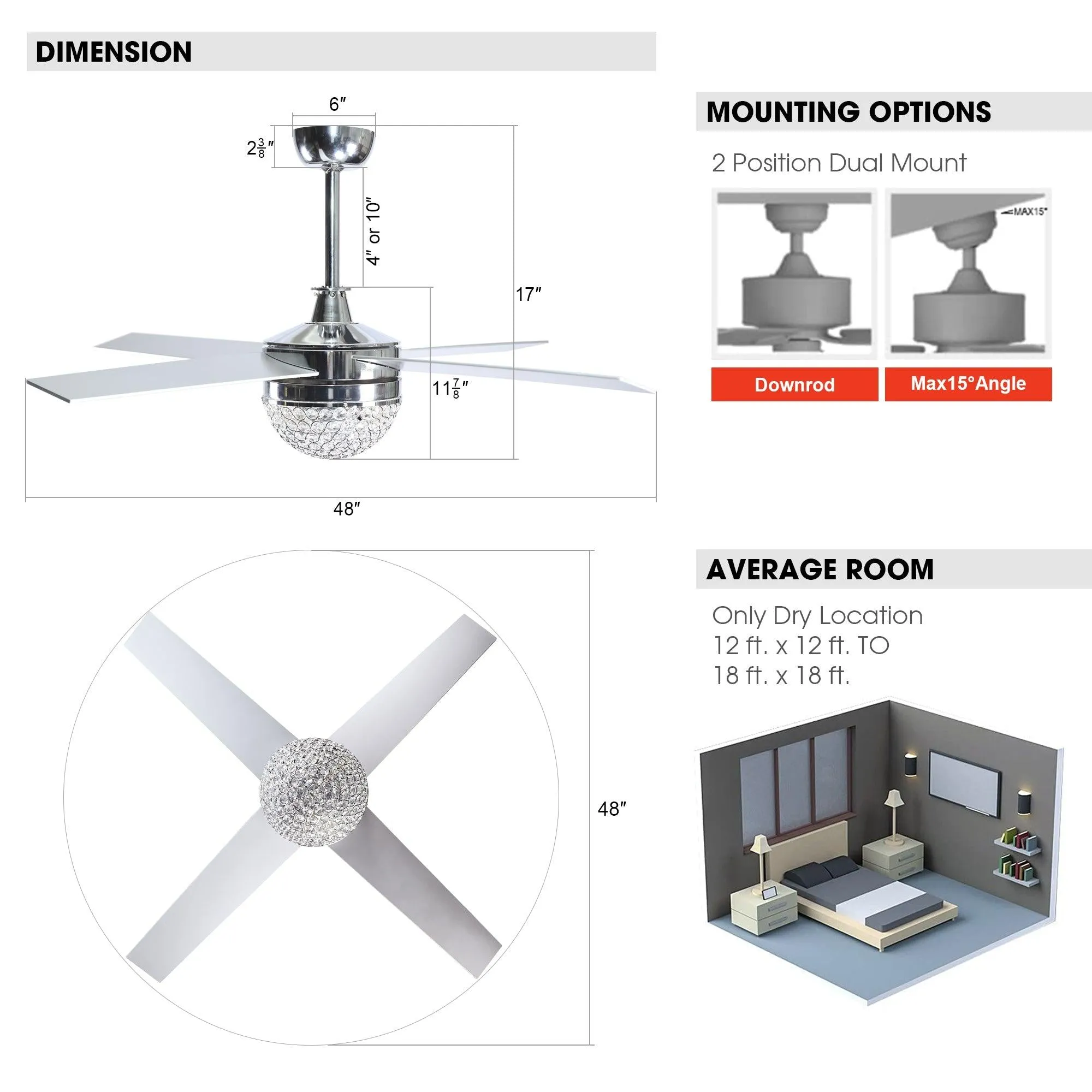 48" Dreyer Modern Chrome Downrod Mount Reversible Crystal Ceiling Fan with Lighting and Remote Control