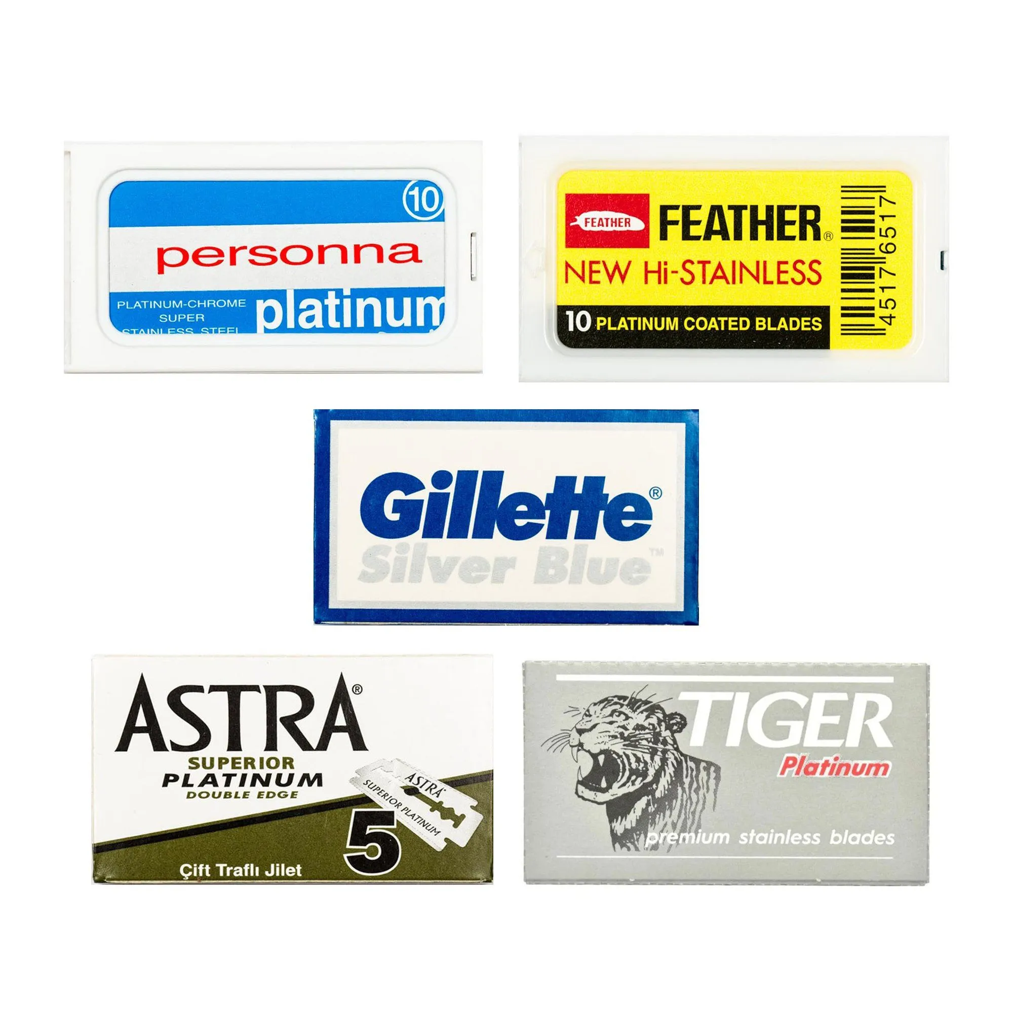 50pc Razor Blade Sampler: Personna, Feather, Gillette, Astra and Tiger Platinum