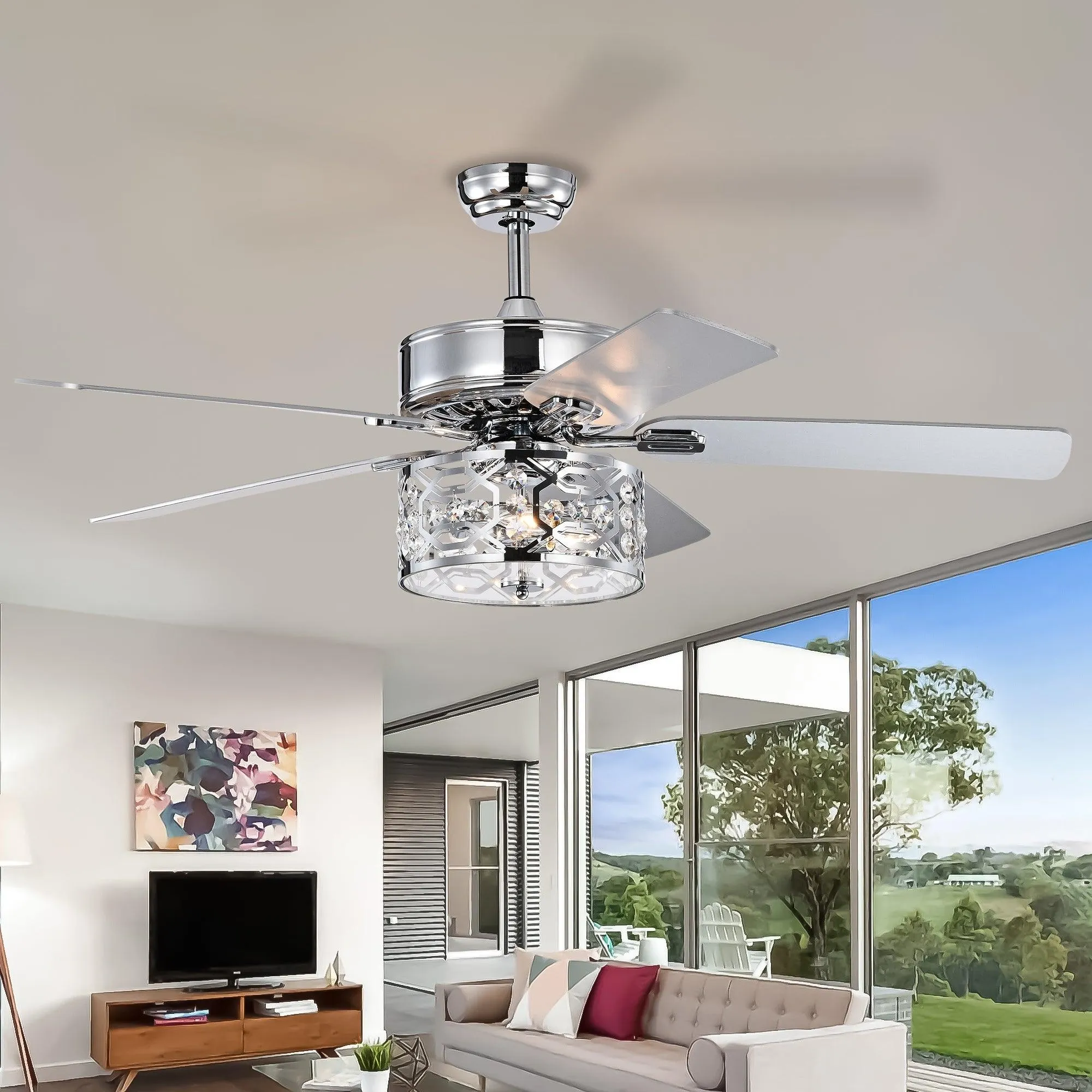 52 Inch Crystal Chandelier Fan  Dual Finish Reversible Blades, Fandelier for Living Room, Dining Room, Bedroom, Family Room, Chrome