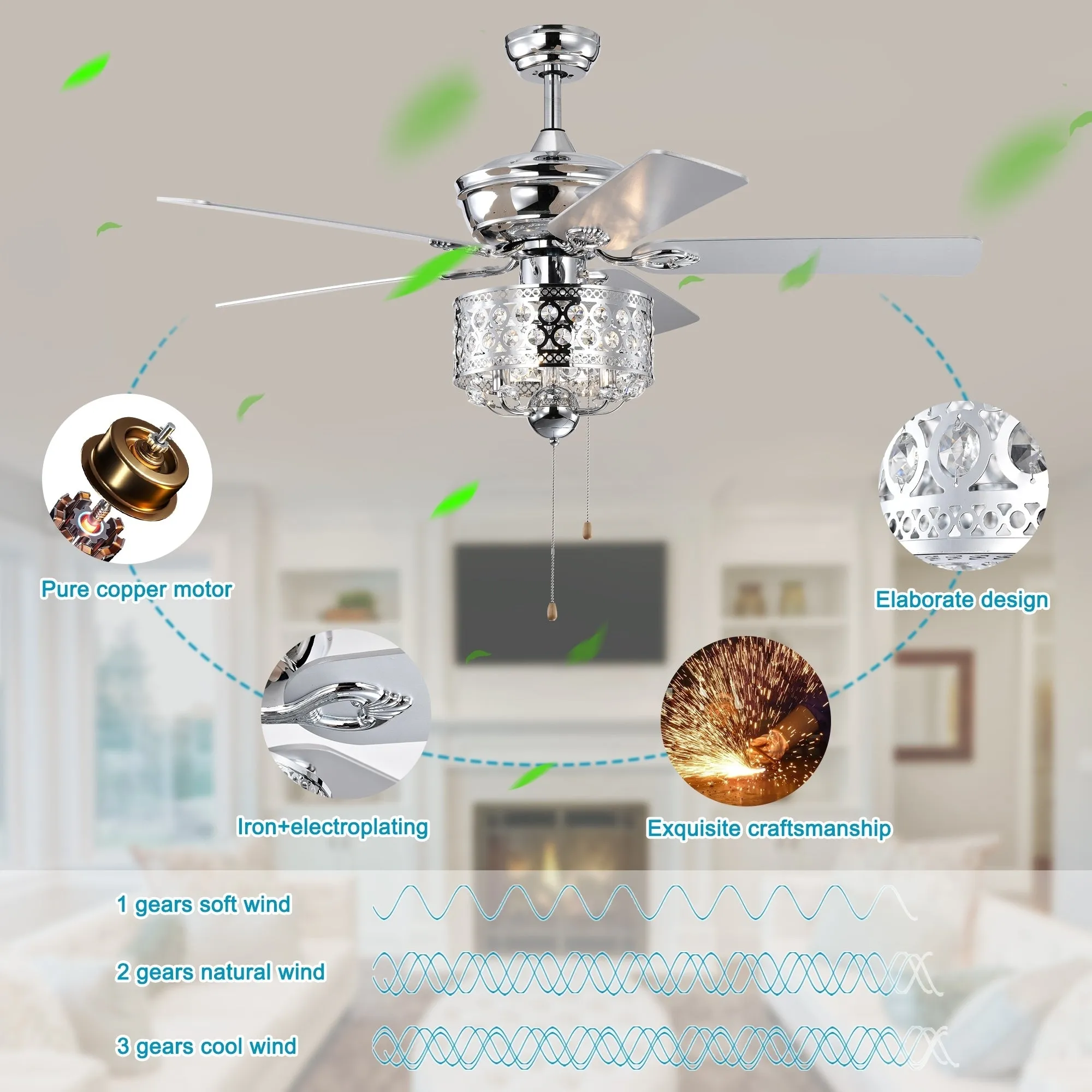 52-inch Indoor Ceiling Fan with Pull Chain, Reversible AC motors , Pull Chain--Chrome (No Include Bulb)