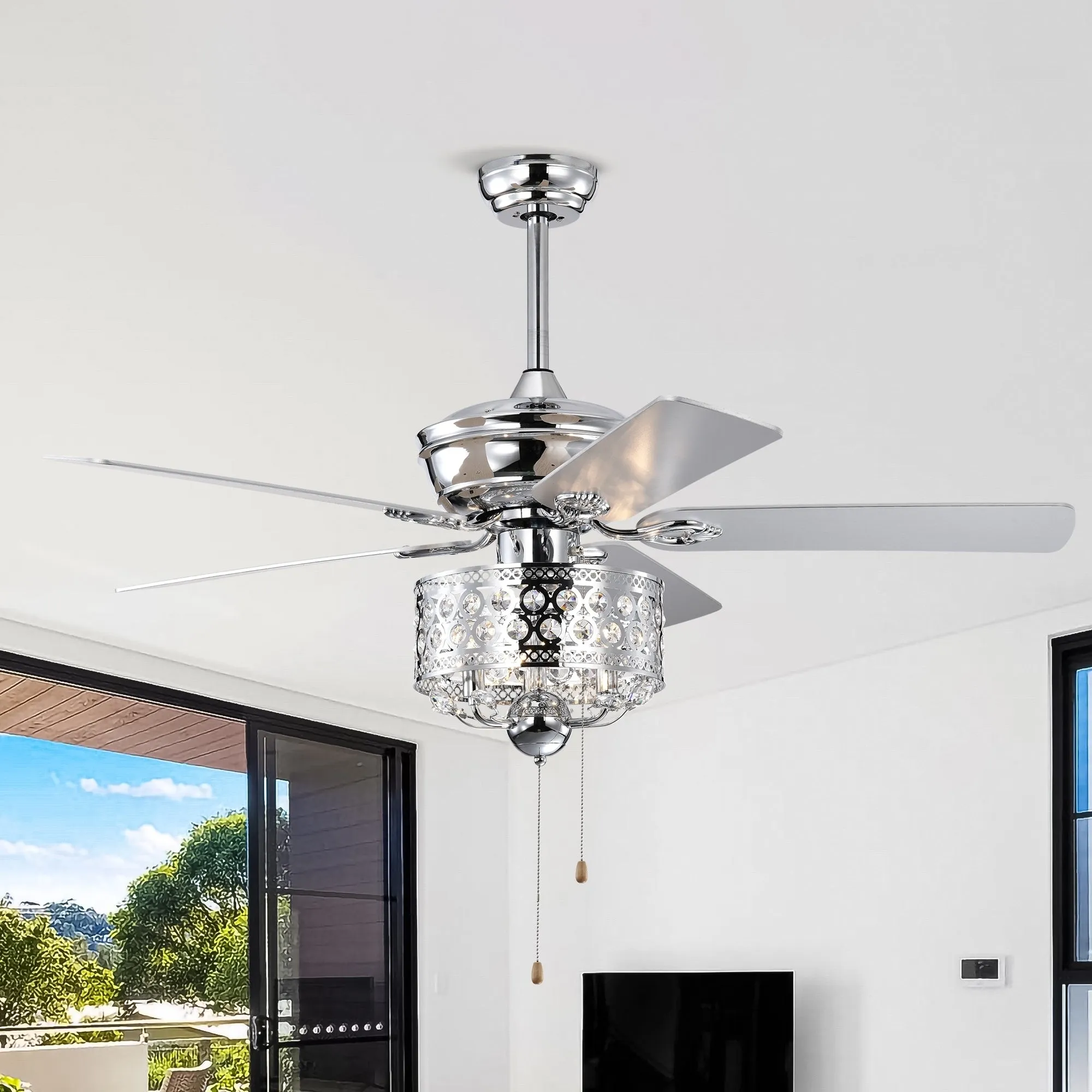 52-inch Indoor Ceiling Fan with Pull Chain, Reversible AC motors , Pull Chain--Chrome (No Include Bulb)