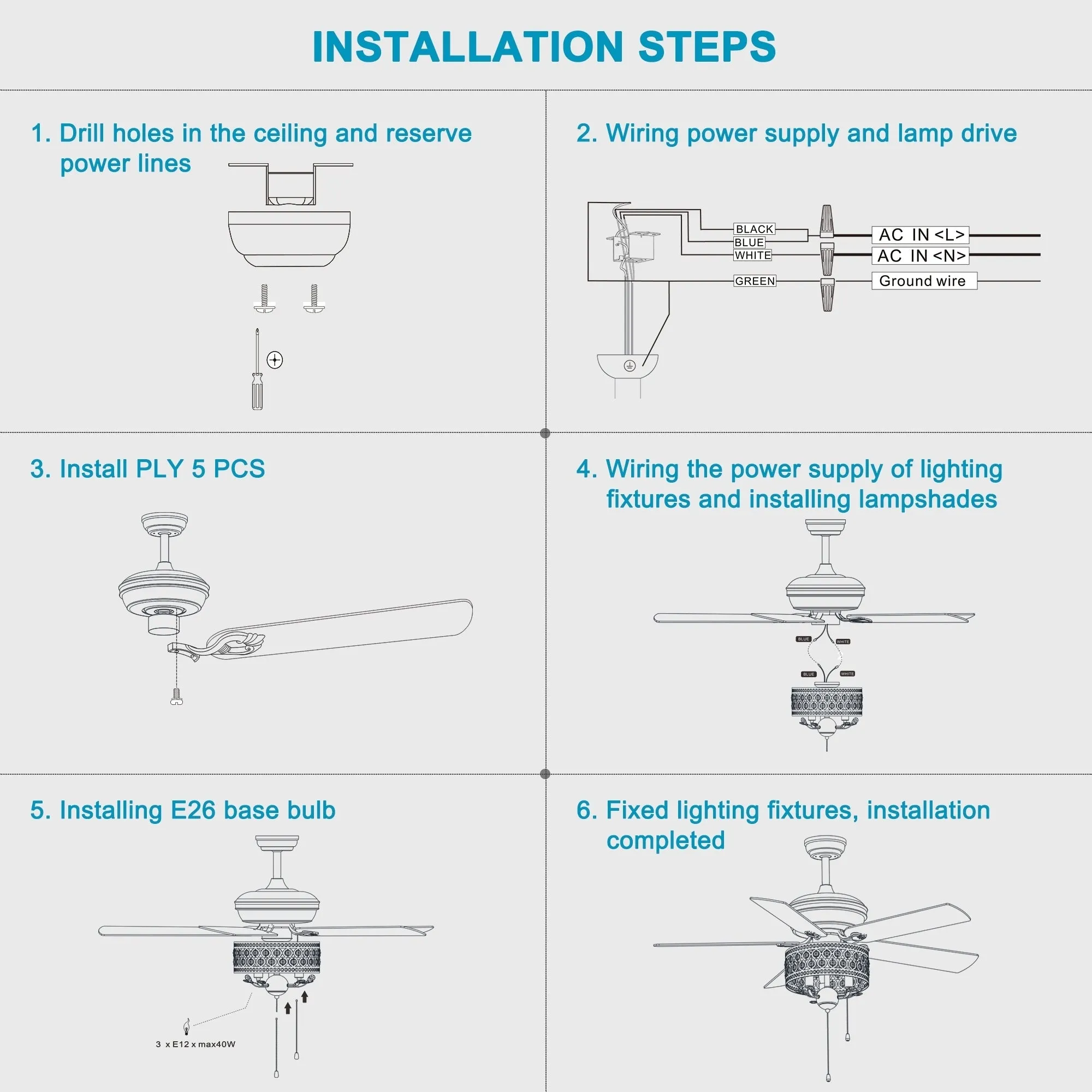 52-inch Indoor Ceiling Fan with Pull Chain, Reversible AC motors , Pull Chain--Chrome (No Include Bulb)