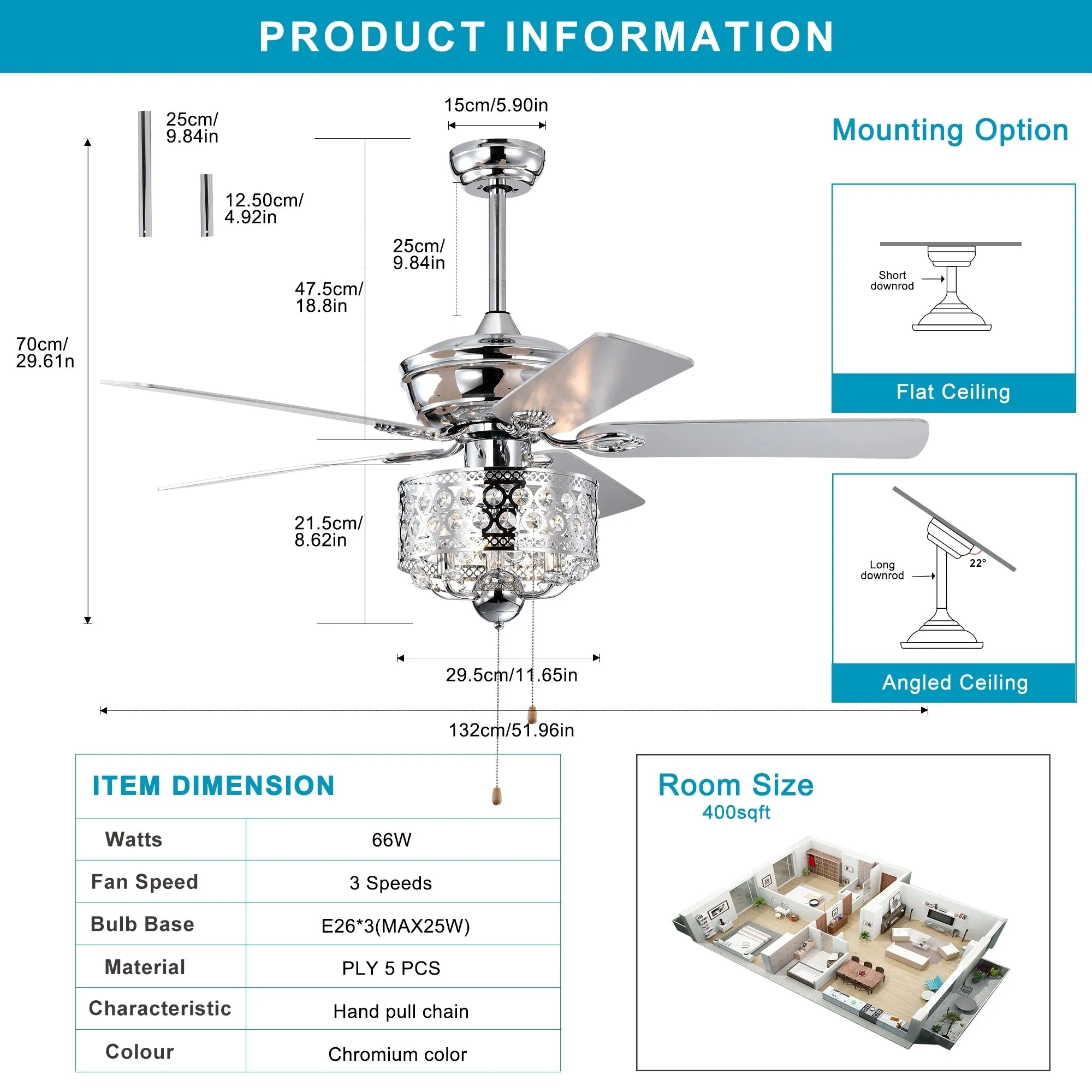 52-inch Indoor Ceiling Fan with Pull Chain, Reversible AC motors , Pull Chain--Chrome (No Include Bulb)