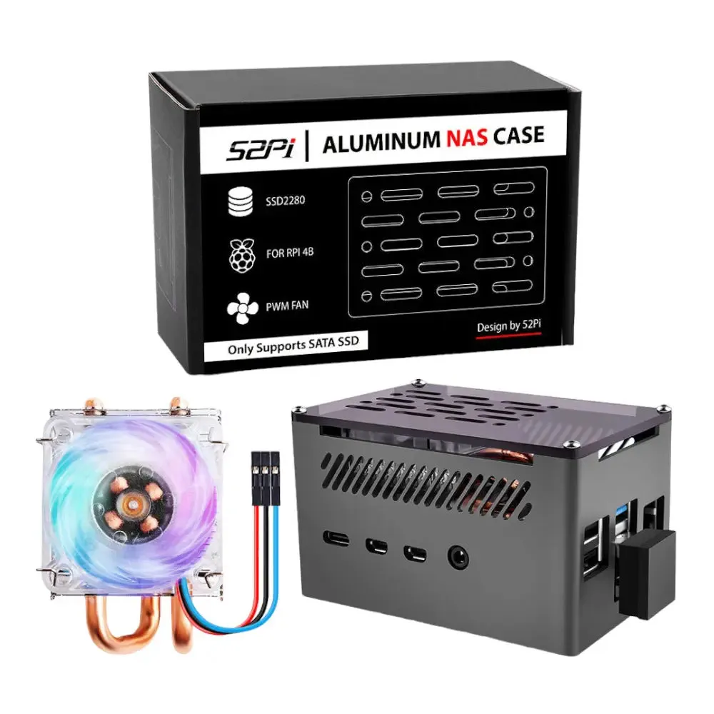 52Pi Aluminum NAS Case w/ Low-Profile Fan & M.2 Sata SSD for Raspberry Pi 4B