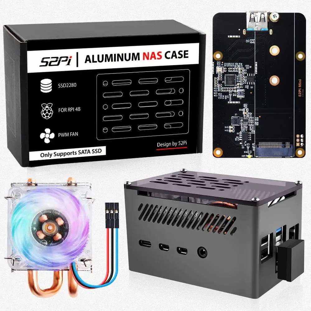 52Pi Aluminum NAS Case w/ Low-Profile Fan & M.2 Sata SSD for Raspberry Pi 4B