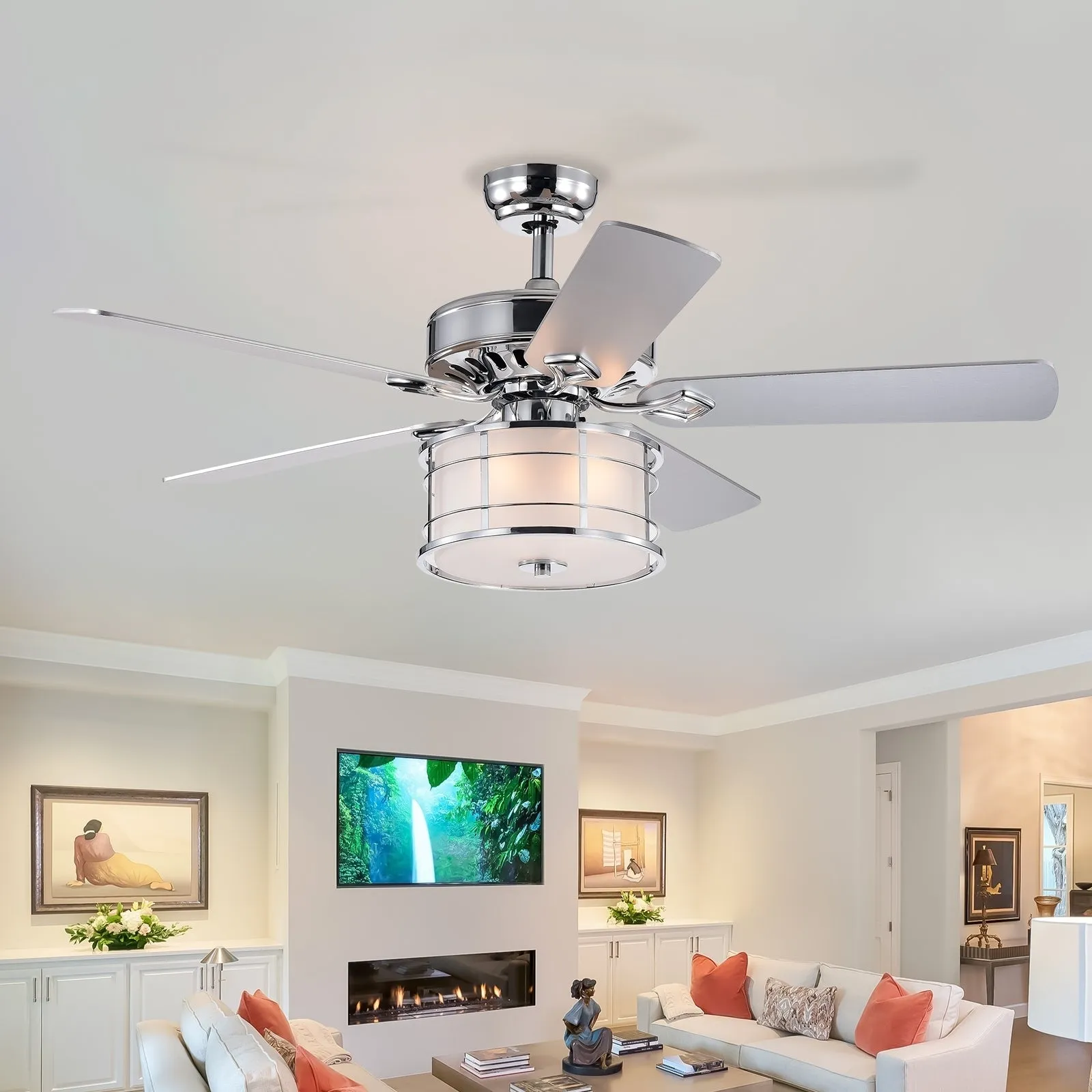 52" 3-Light Chrome Drum Shade LED Ceiling Fan   Remote, Traditional Farmhouse Rustic Industrial Bohemian Country Cottage Transitional Glam