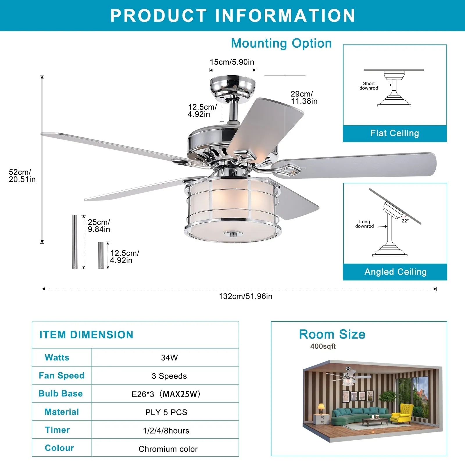 52" 3-Light Chrome Drum Shade LED Ceiling Fan   Remote, Traditional Farmhouse Rustic Industrial Bohemian Country Cottage Transitional Glam