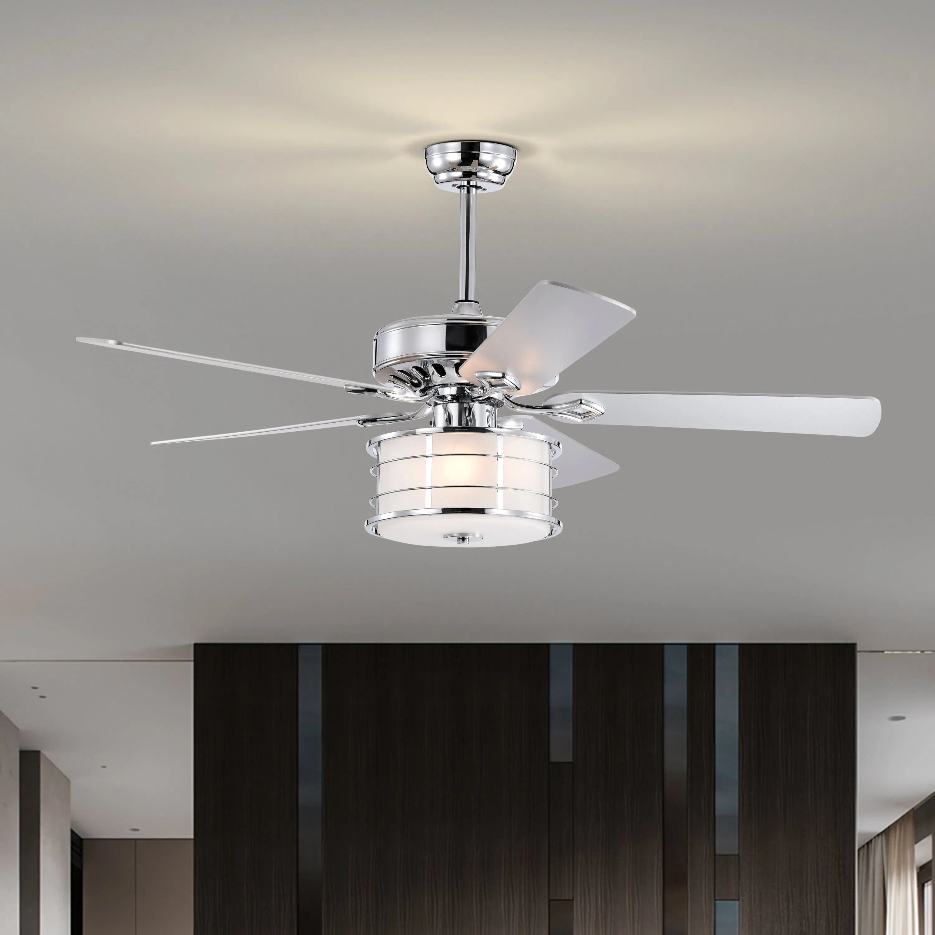 52" 3-Light Chrome Drum Shade LED Ceiling Fan   Remote, Traditional Farmhouse Rustic Industrial Bohemian Country Cottage Transitional Glam