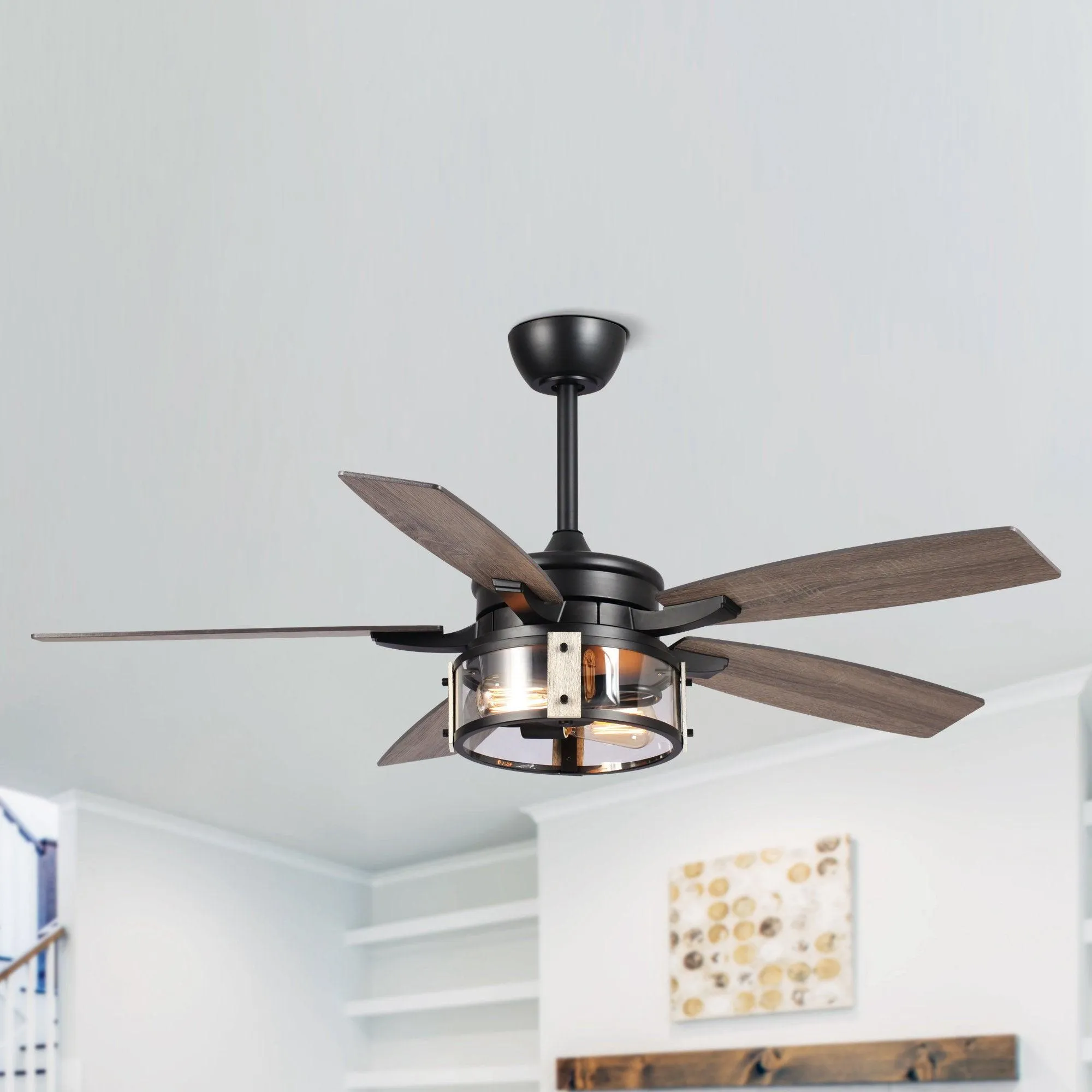 52" Coimbatore Farmhouse Downrod Mount Reversible Ceiling Fan with Lighting and Remote Control