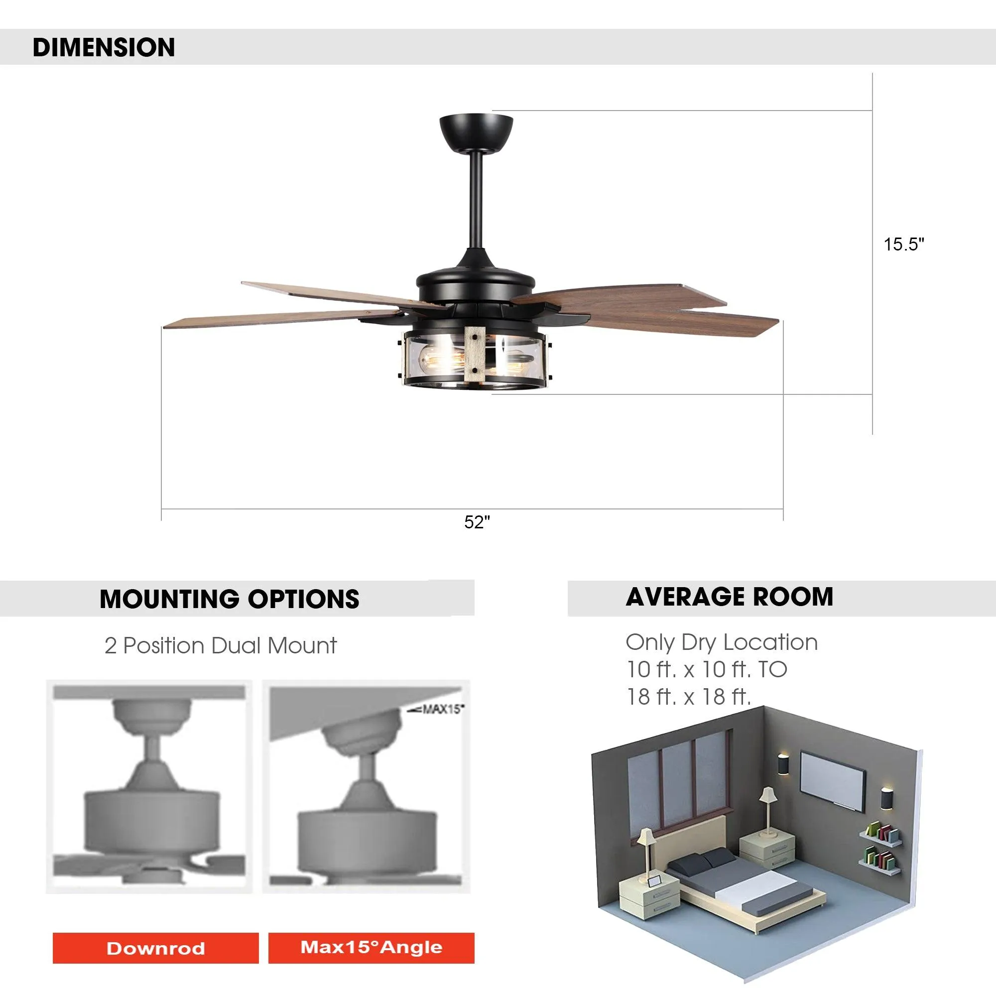 52" Coimbatore Farmhouse Downrod Mount Reversible Ceiling Fan with Lighting and Remote Control