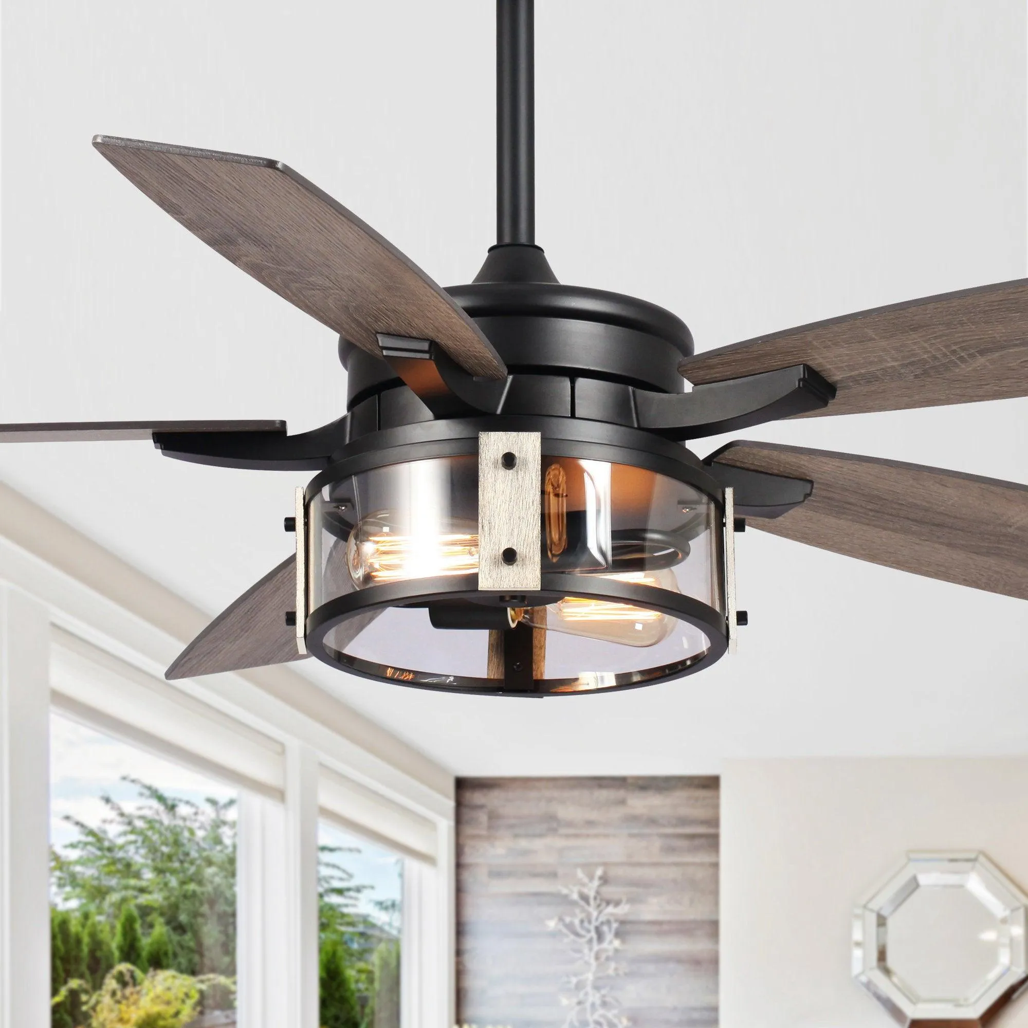 52" Coimbatore Farmhouse Downrod Mount Reversible Ceiling Fan with Lighting and Remote Control