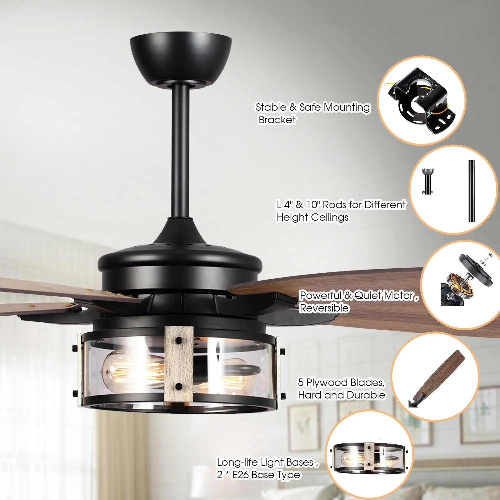 52" Coimbatore Farmhouse Downrod Mount Reversible Ceiling Fan with Lighting and Remote Control