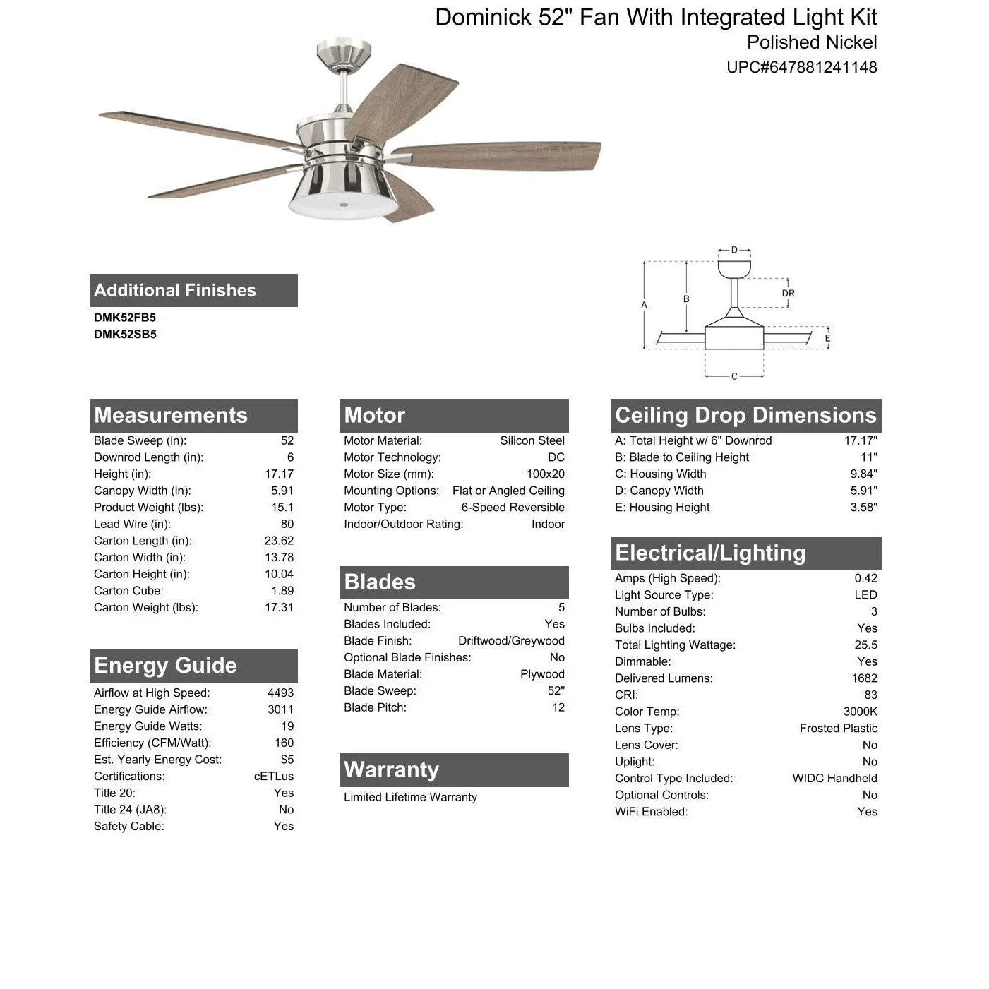 52" Dominick in Polished Nickel w/ Driftwood/Greywood Blades