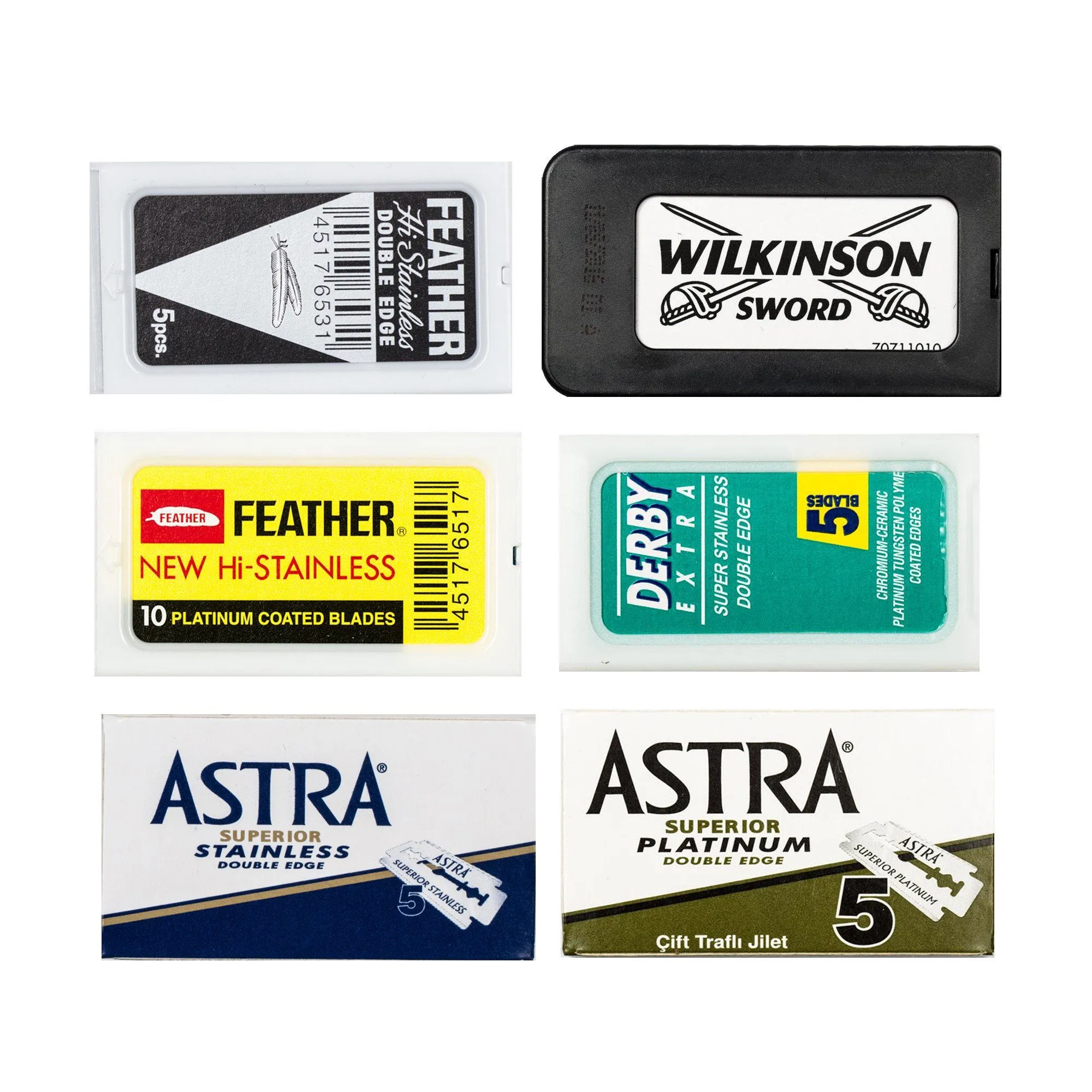 60pc Razor Blade Sampler: Derby, Astra Platinum, Astra Stainless, Feather, Wilkinson, Black Feather