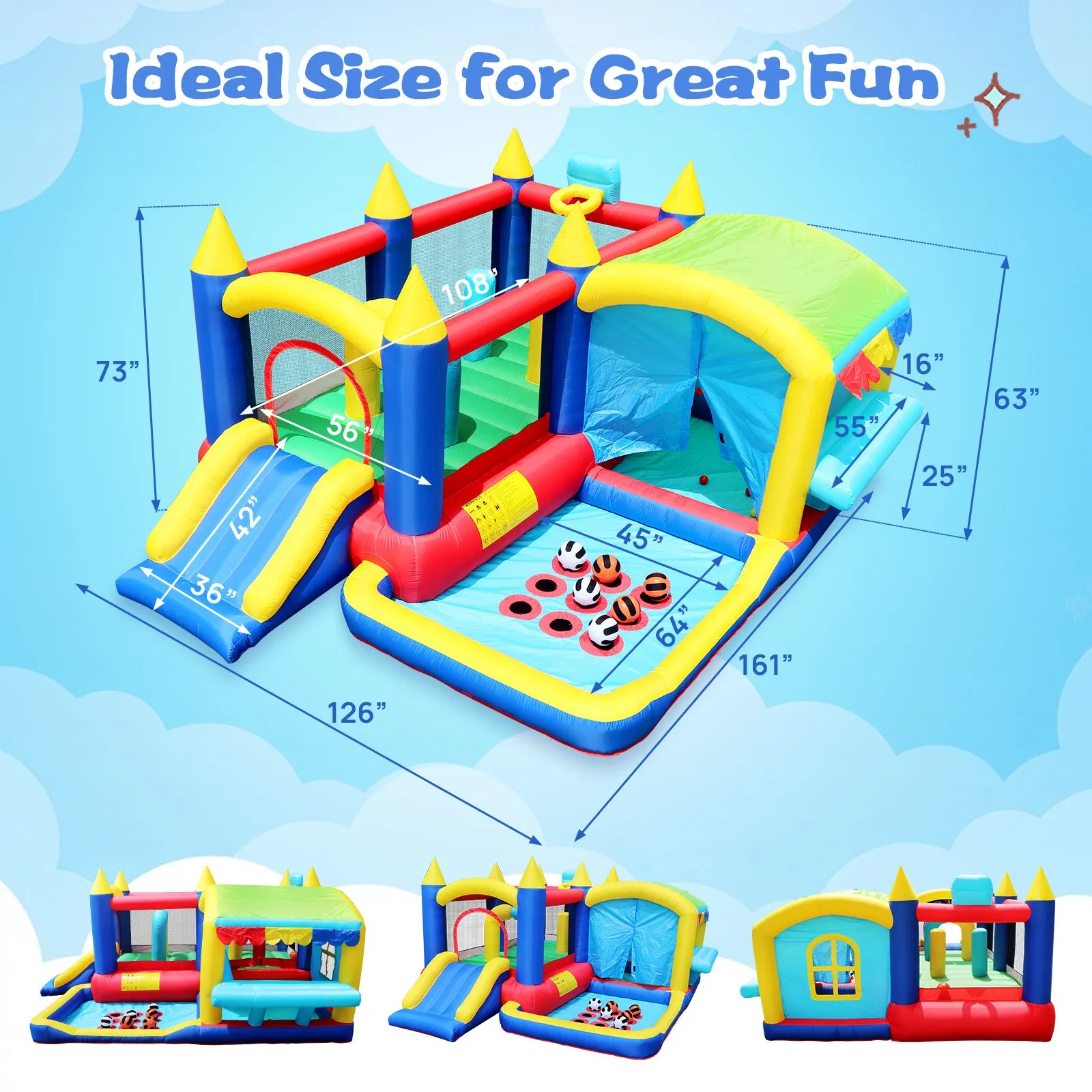 7 in 1 Inflatable Bounce House, Bouncy House with Ball Pit for Kids Indoor Outdoor Party Family Fun, Obstacles, Toddler Jump Bouncy Castle with Ball Pit for Birthday Party Gifts