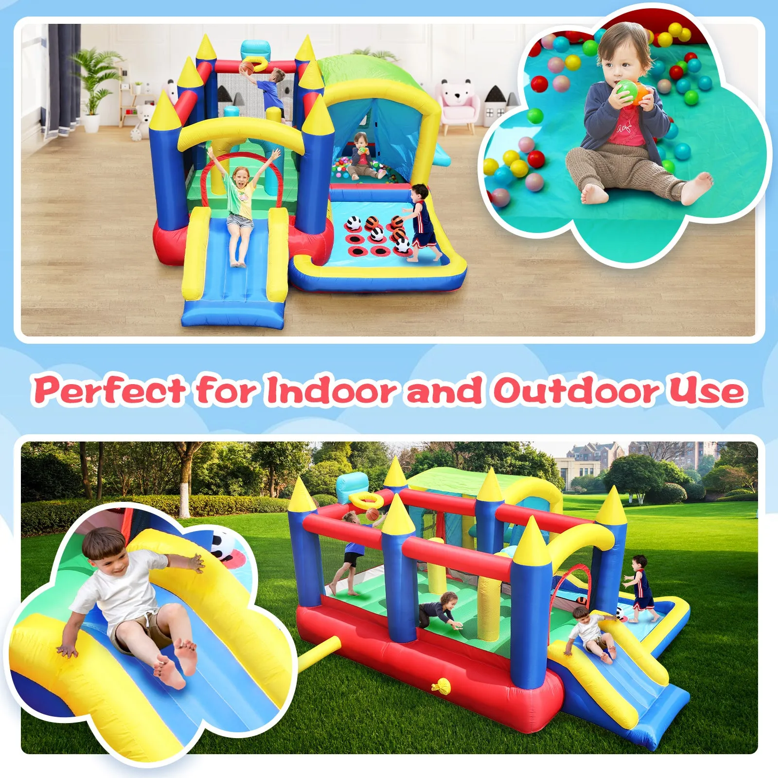 7 in 1 Inflatable Bounce House, Bouncy House with Ball Pit for Kids Indoor Outdoor Party Family Fun, Obstacles, Toddler Jump Bouncy Castle with Ball Pit for Birthday Party Gifts