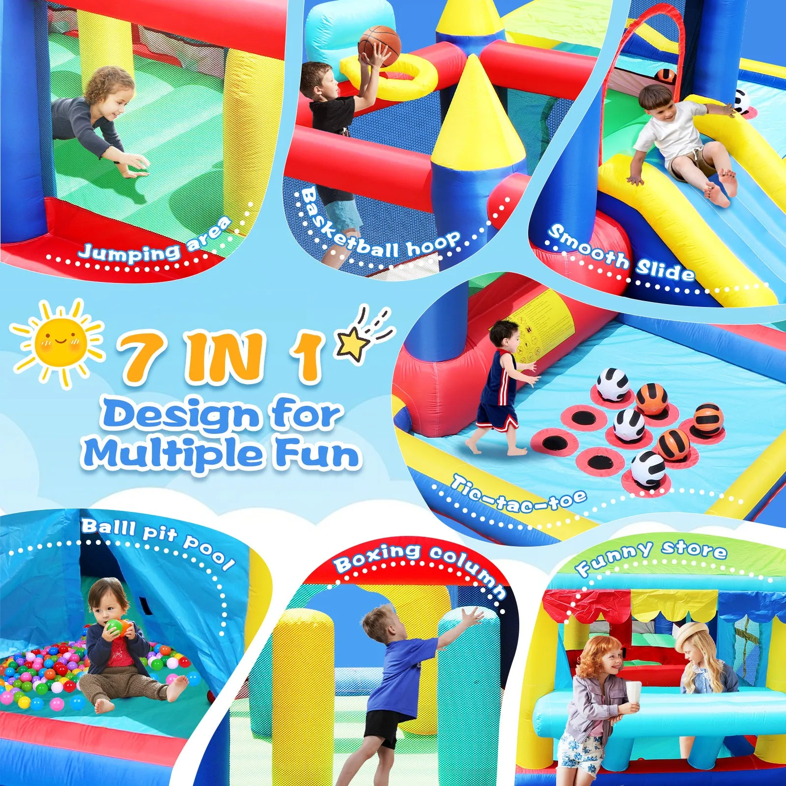 7 in 1 Inflatable Bounce House, Bouncy House with Ball Pit for Kids Indoor Outdoor Party Family Fun, Obstacles, Toddler Jump Bouncy Castle with Ball Pit for Birthday Party Gifts