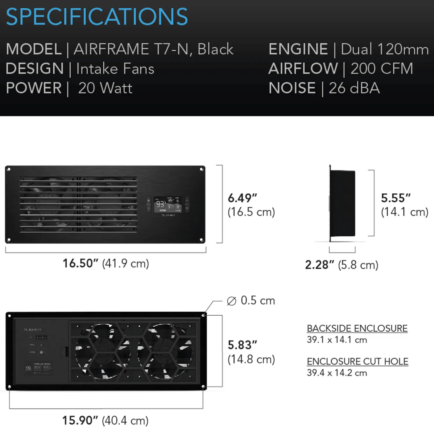 AC Infinity AIRFRAME T7-N Black, Equipment Closet and Room Fan System 17", Intake