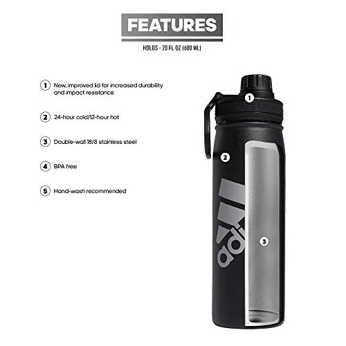 adidas 600 ML (20 oz) Metal Water Bottle, Hot/Cold Double-Walled Insulated 18/8 Stainless Steel, Black/Silver Metallic, One Size