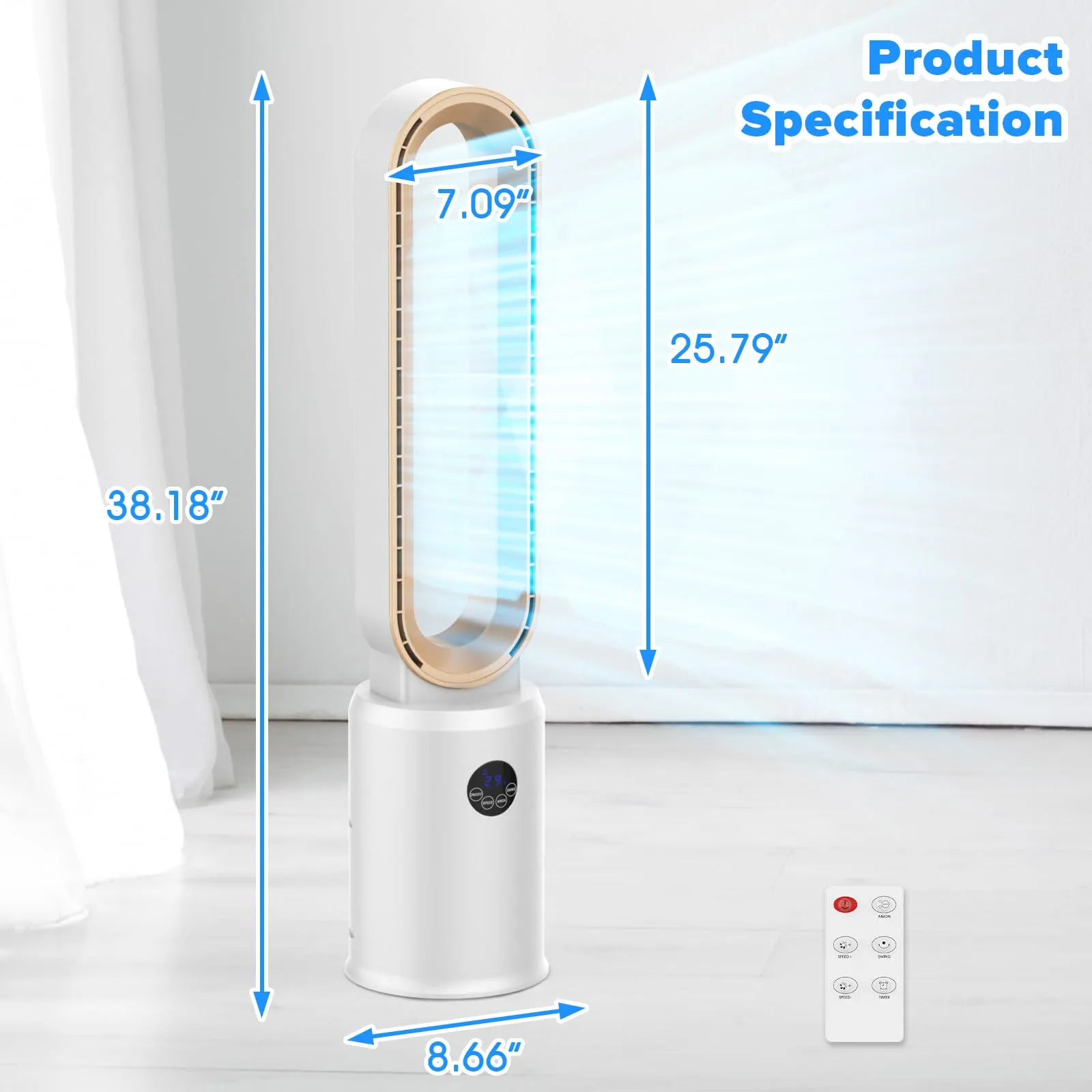 Advwin Bladeless Tower Fan Portable Electric White/Gold