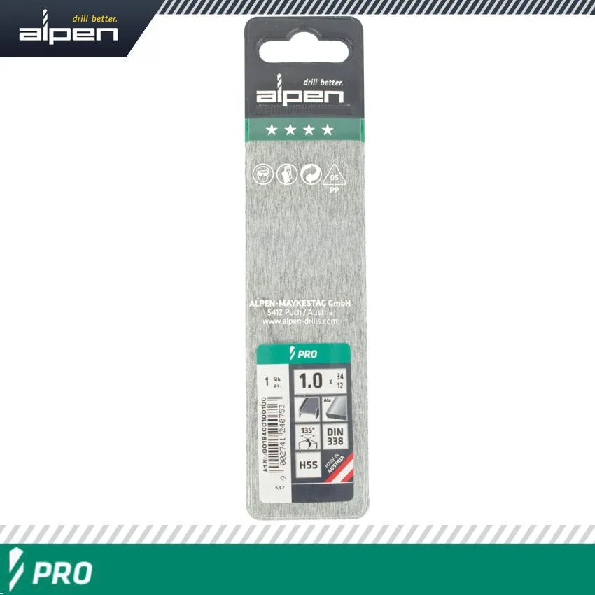 ALPEN ALPEN PRO HSS 1MM DRILL DIN 338 RN 135 SPLIT POINT PLASTIC WALLET  (1 ALP1840010