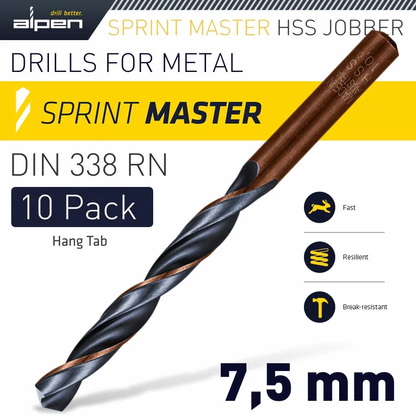 ALPEN HSS SPRINT MASTER 7.5MM 10-PACK HANG TAG DIN 338 ALPEN DRILL BITS ALP6310075