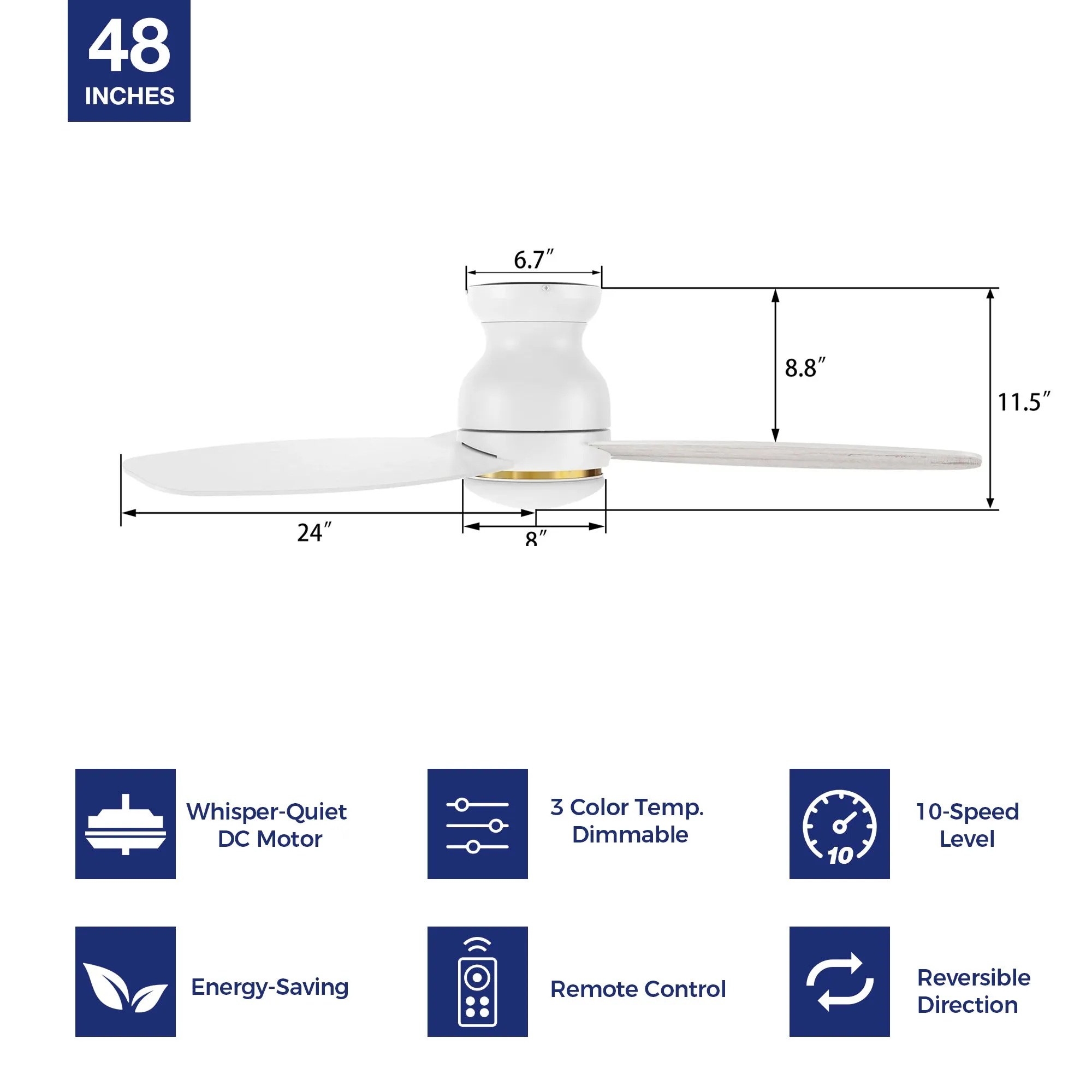 Arran Flush Mount Ceiling Fan with Light Kit and Remote 48 inch