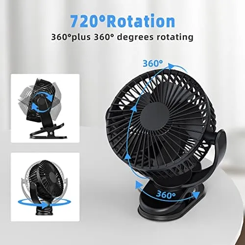 ATEngeus USB Fan, Rechargeable Portable Fan, Clip on Fan, Battery Operated Fan, 3 Speeds, 5000mAh USB Desk Fan, 720°Rotation, Sturdy Clamp for home, Camping, Treadmill and car