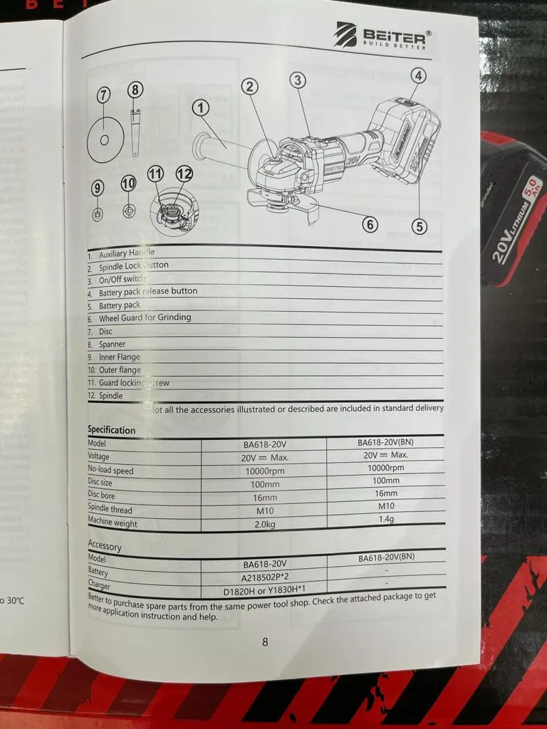 Beiter BA618-20V Cordless Angle Grinder 20V Brushless with 5.0Ah Batt Li-Ion 4" & Charger | Model : BA618-20V