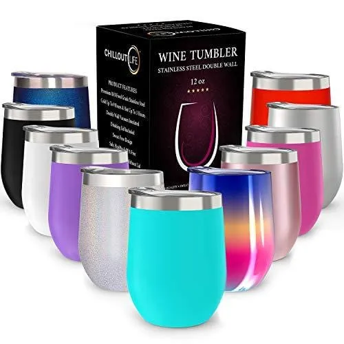 CHILLOUT LIFE 12 oz Stainless Steel Tumbler with Lid & Gift Box - Wine Tumbler Double Wall Vacuum Insulated Travel Tumbler Cup for Coffee, Wine, Cocktails, Ice Cream - Sweat Free, Powder Coated Tumble