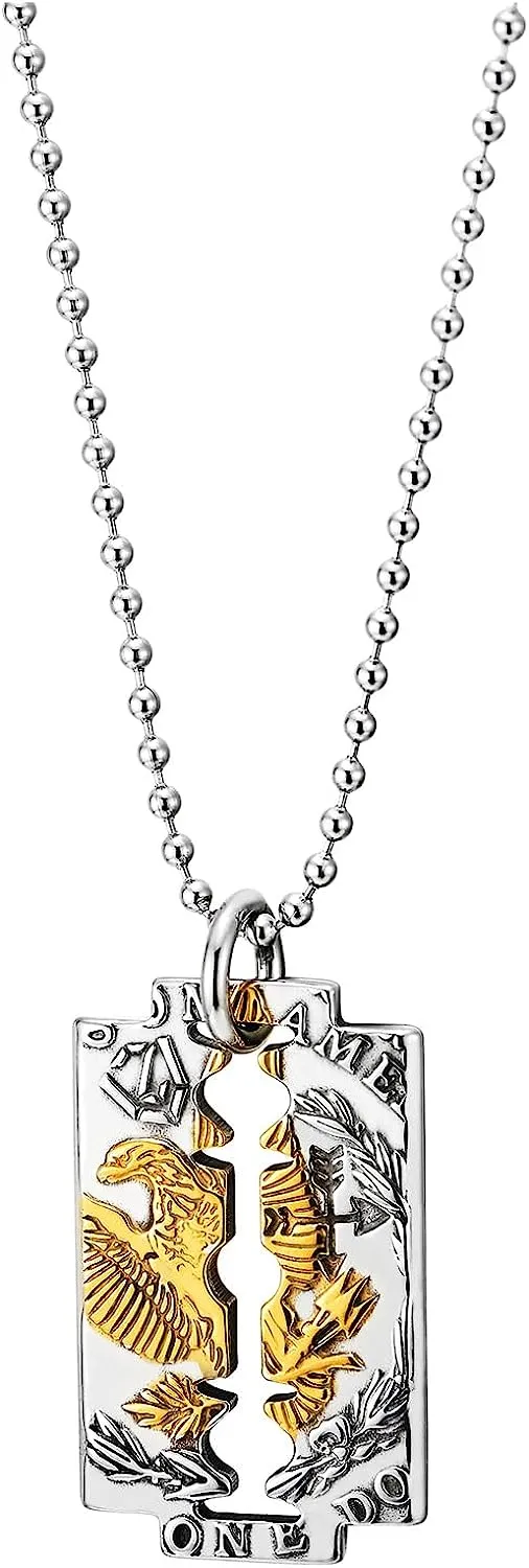 COOLSTEELANDBEYOND Mens Razor Blade Pendant Necklace with Eagle, Gold Silver Two Tone Stainless Steel, 30 inches Chain