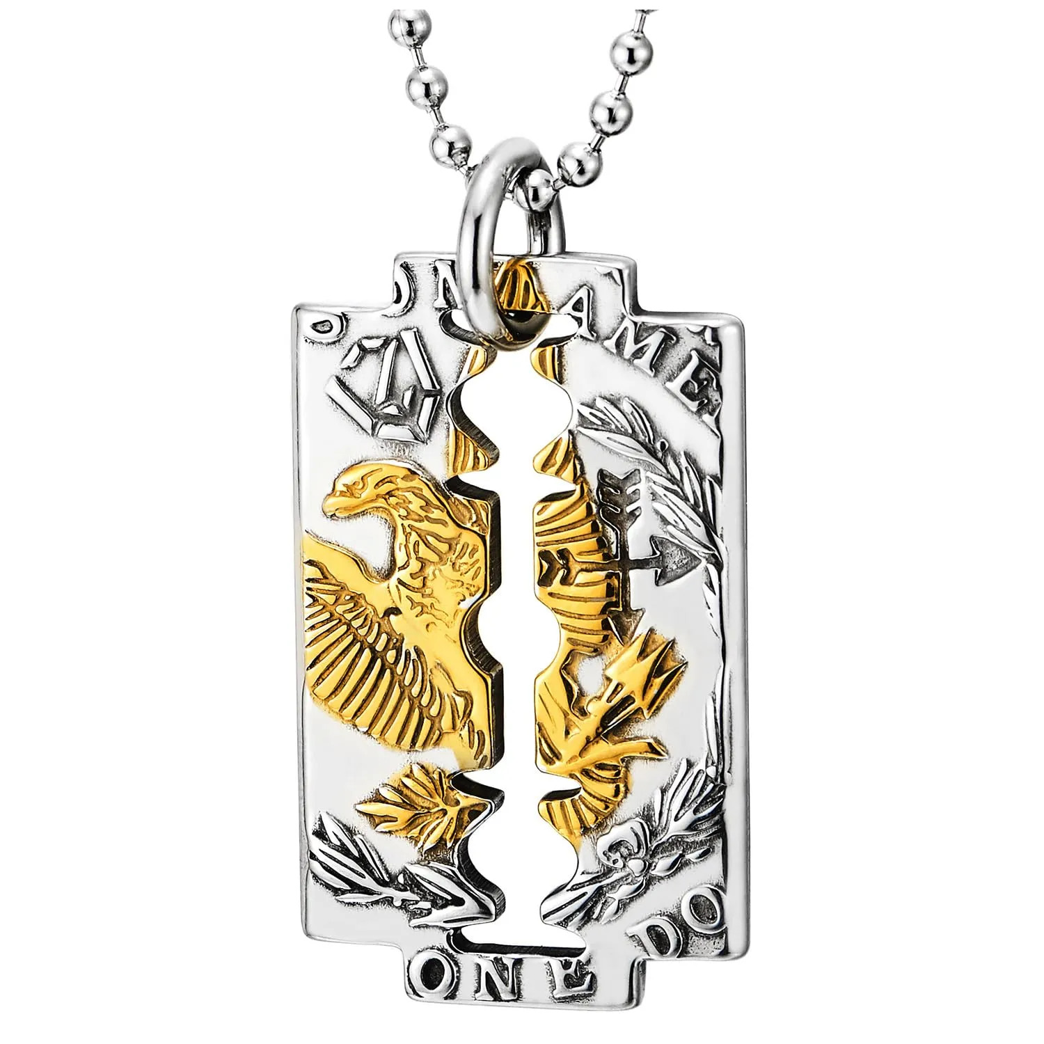 COOLSTEELANDBEYOND Mens Razor Blade Pendant Necklace with Eagle, Gold Silver Two Tone Stainless Steel, 30 inches Chain