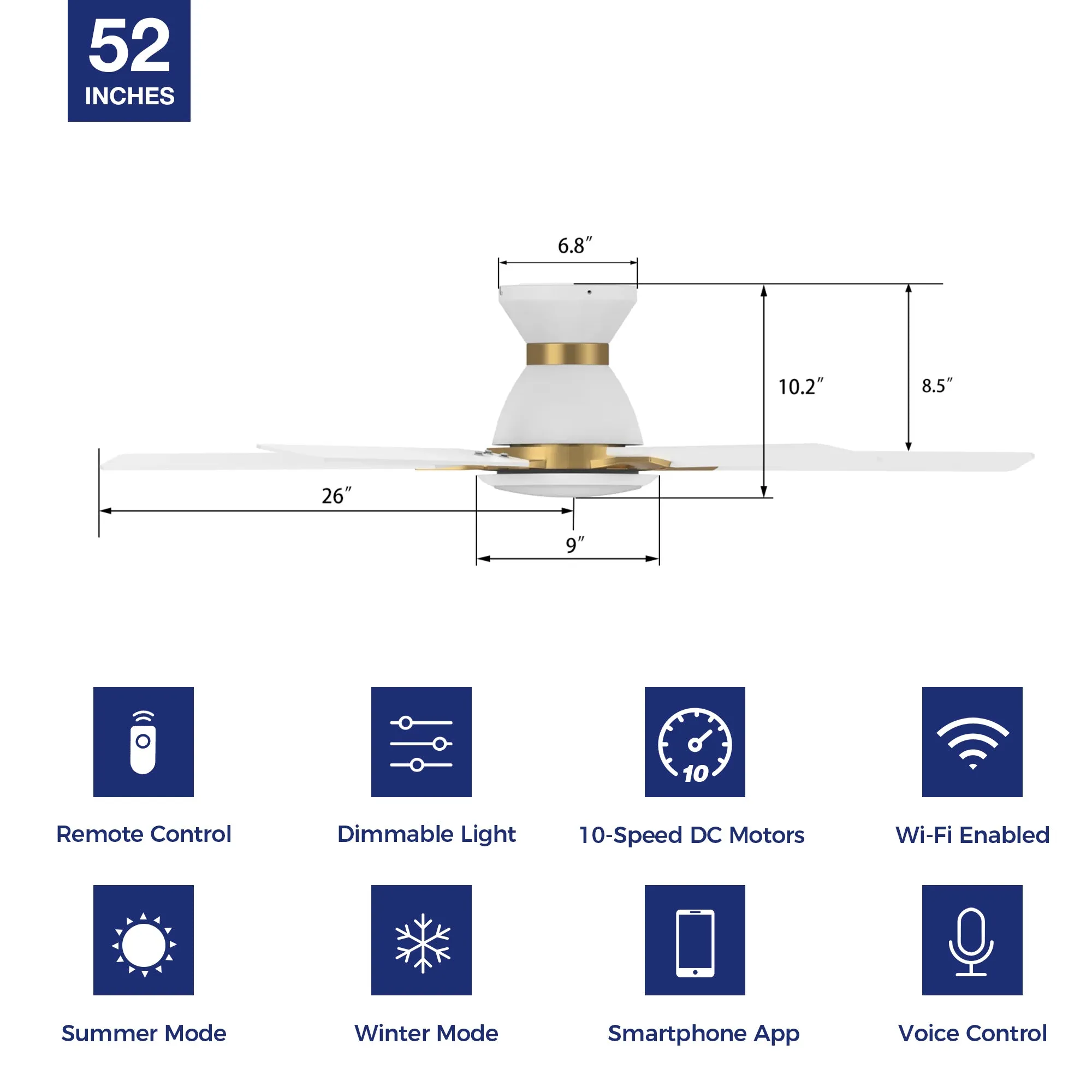 Essex Smart Low Profile Ceiling Fan with LED Light Outdoor/Indoor 52”