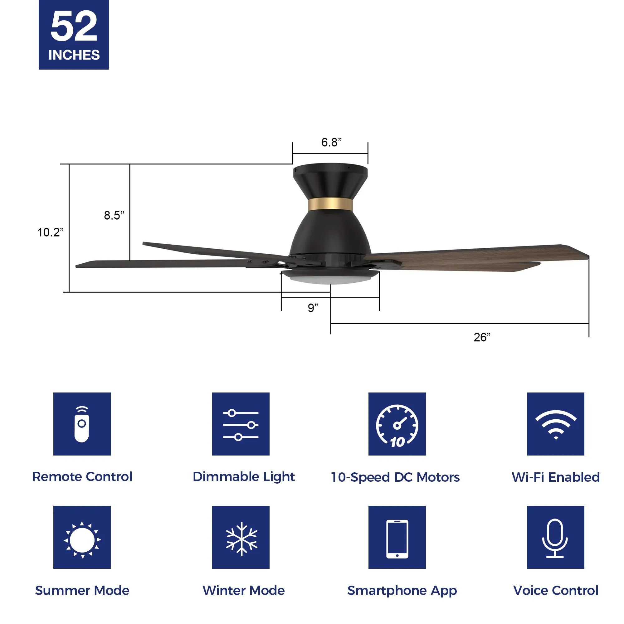 Essex Smart Low Profile Ceiling Fan with LED Light Outdoor/Indoor 52”