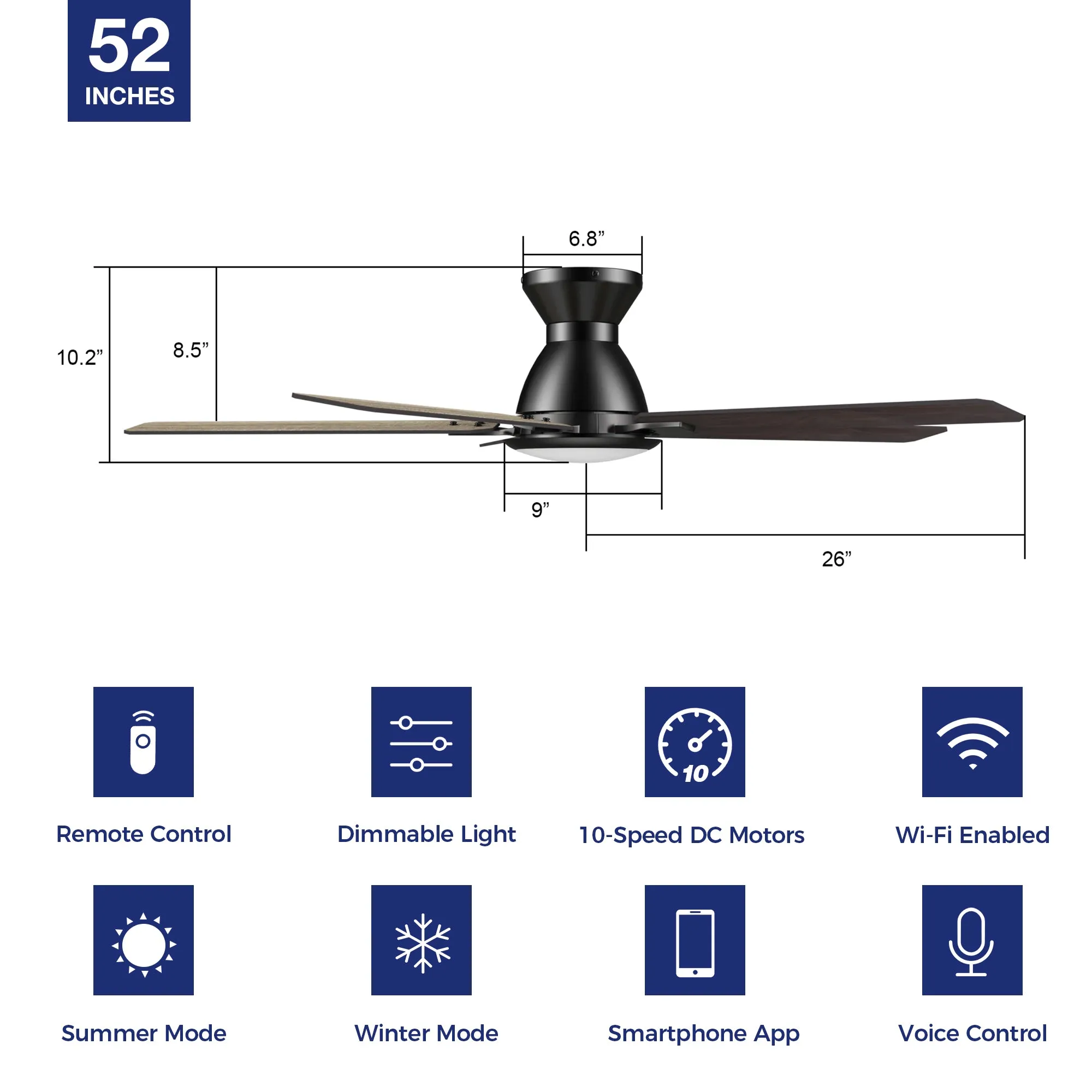 Essex Smart Low Profile Ceiling Fan with LED Light Outdoor/Indoor 52”