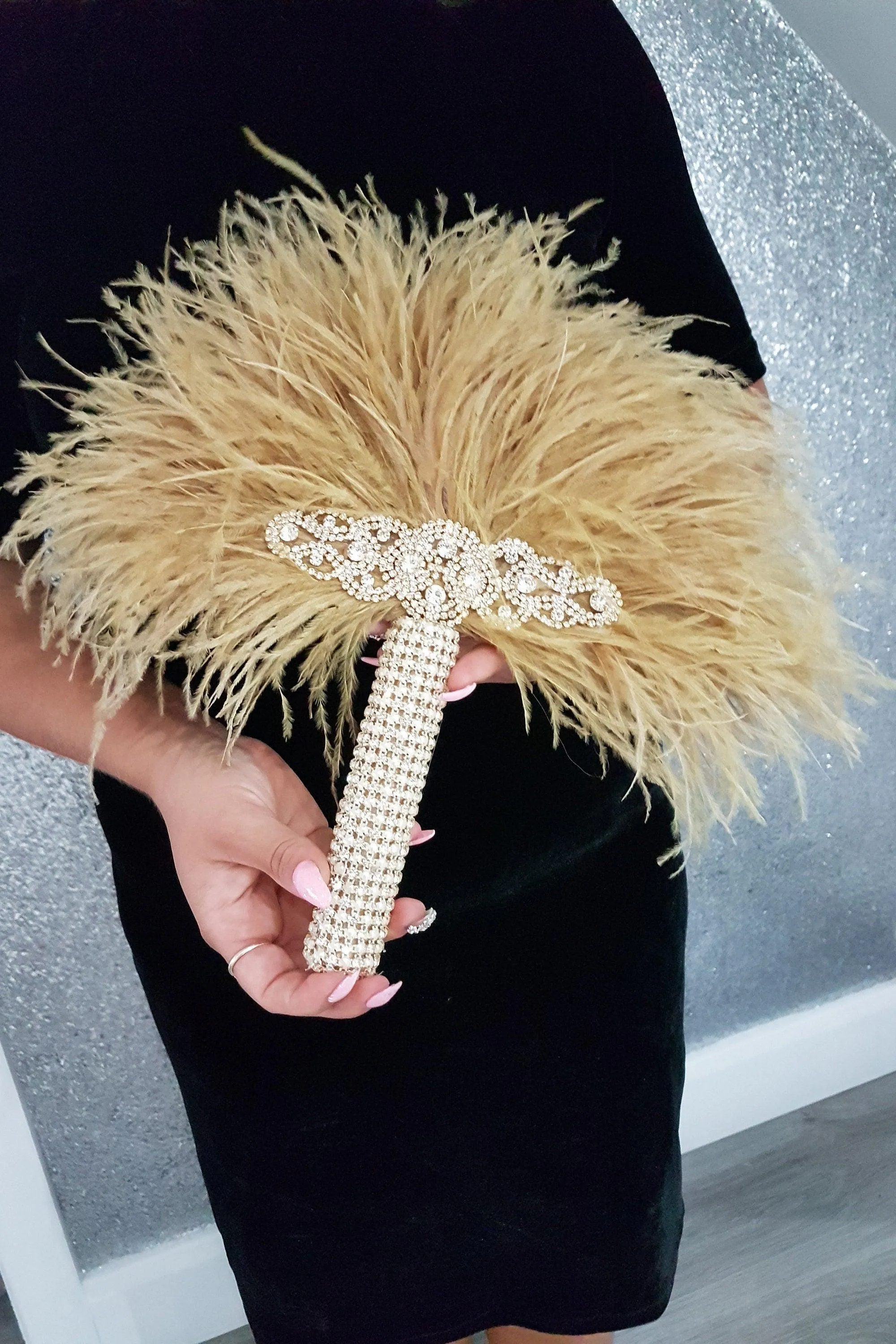 Feather Fan bouquet luxury alternative Bouquet Great Gatsby wedding style -ANY COLOUR Artificial bouquet by Crystal wedding uk