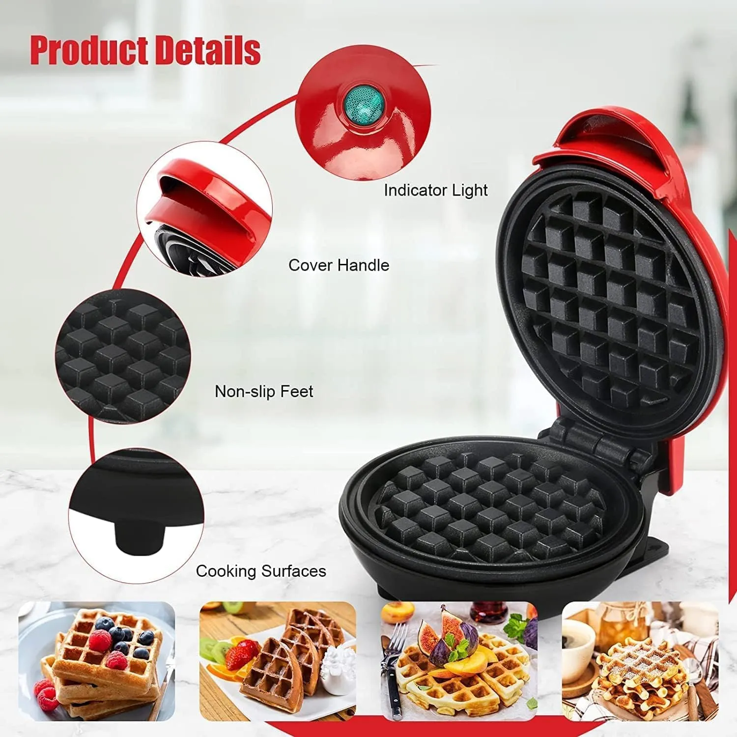 FI FIDROXIMPERIA Mini Waffle Maker 4 Inch- 350 Watts: Stainless Steel Non-Stick Electric Iron Machine for Individual Belgian Waffles, Pan Cakes (Mini Waffle Maker   Waffles Recipe Book) (RED)