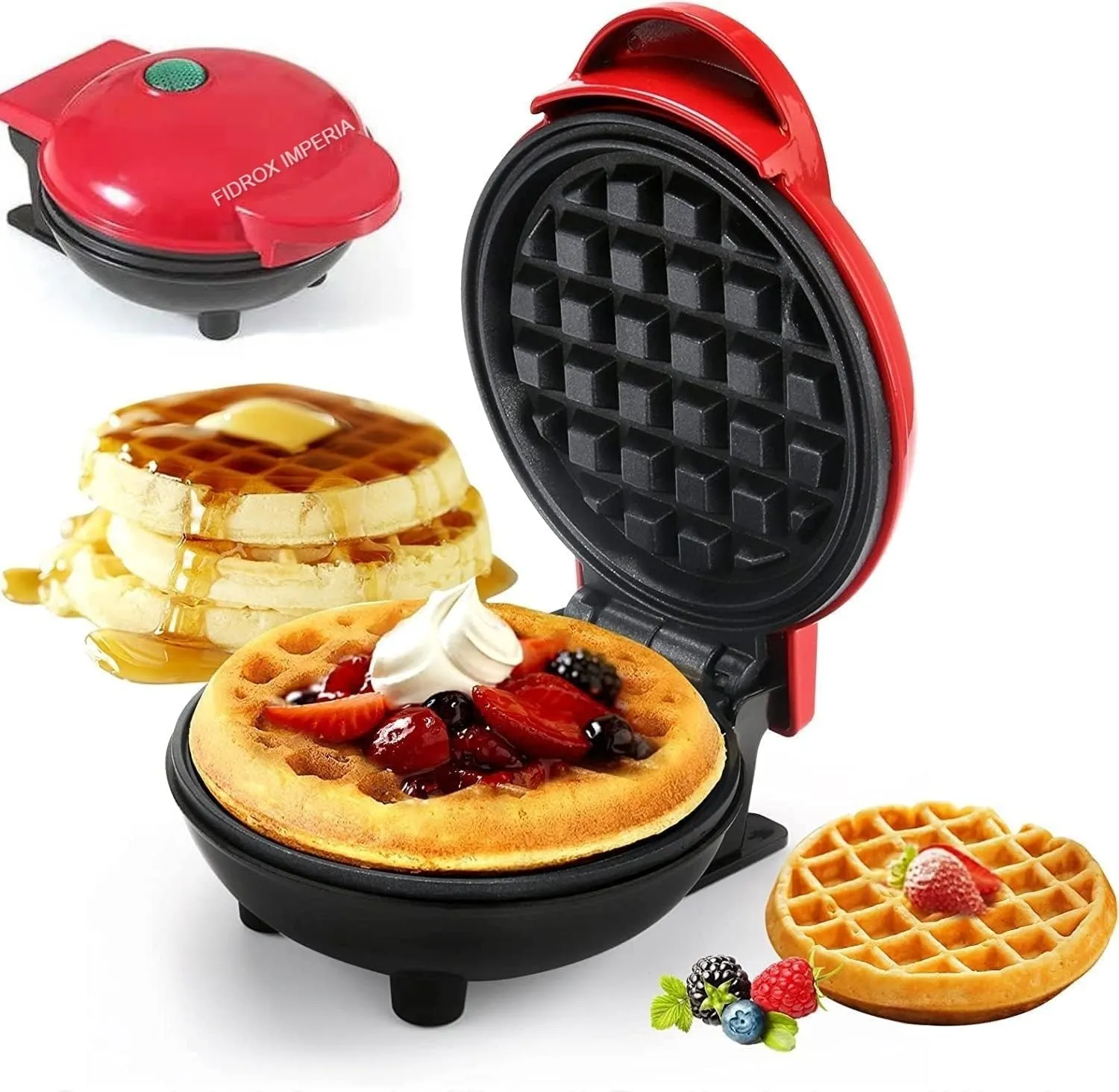 FI FIDROXIMPERIA Mini Waffle Maker 4 Inch- 350 Watts: Stainless Steel Non-Stick Electric Iron Machine for Individual Belgian Waffles, Pan Cakes (Mini Waffle Maker   Waffles Recipe Book) (RED)