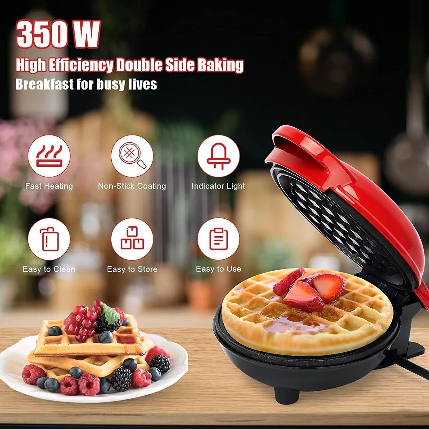 FI FIDROXIMPERIA Mini Waffle Maker 4 Inch- 350 Watts: Stainless Steel Non-Stick Electric Iron Machine for Individual Belgian Waffles, Pan Cakes (Mini Waffle Maker   Waffles Recipe Book) (RED)