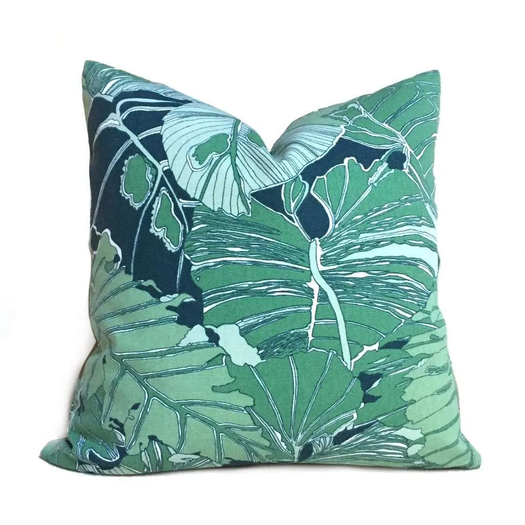 Green Navy Blue Abstract Leaf Botanical Cotton Print Pillow Cover