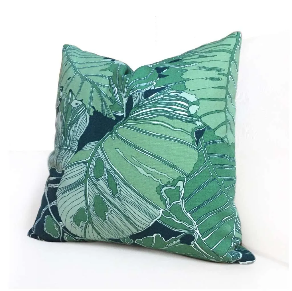 Green Navy Blue Abstract Leaf Botanical Cotton Print Pillow Cover