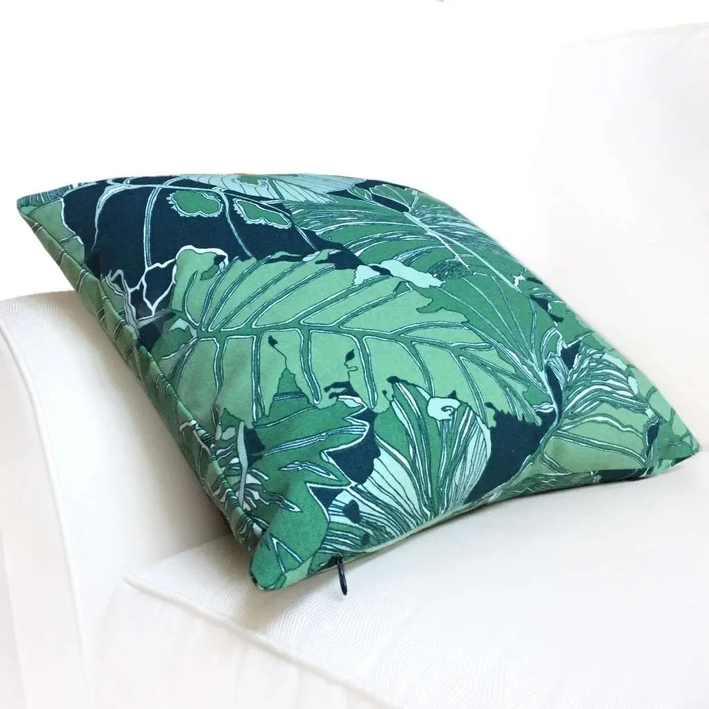 Green Navy Blue Abstract Leaf Botanical Cotton Print Pillow Cover