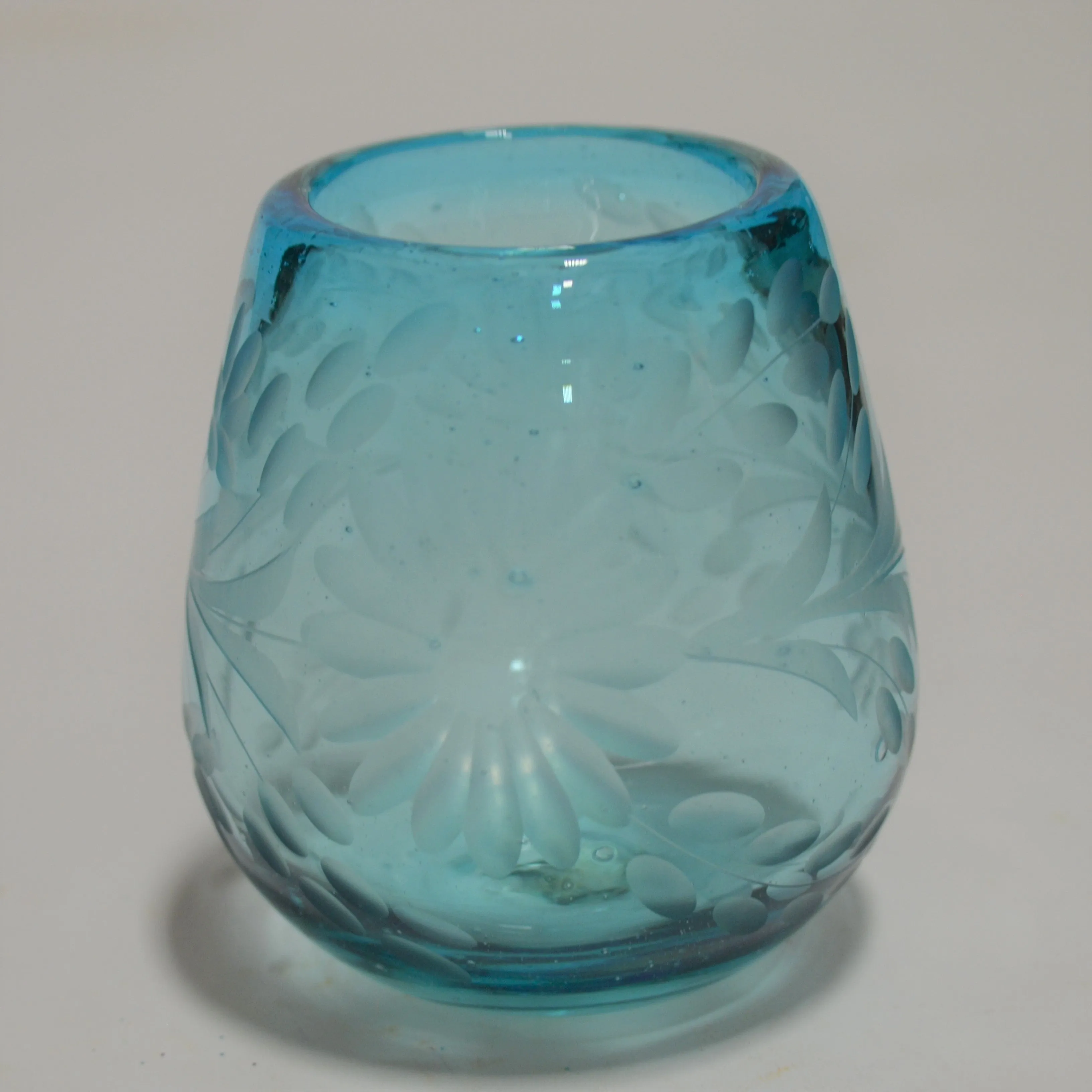 Hand Blown and Etched Turquoise Glass - Stemless Wine Glass